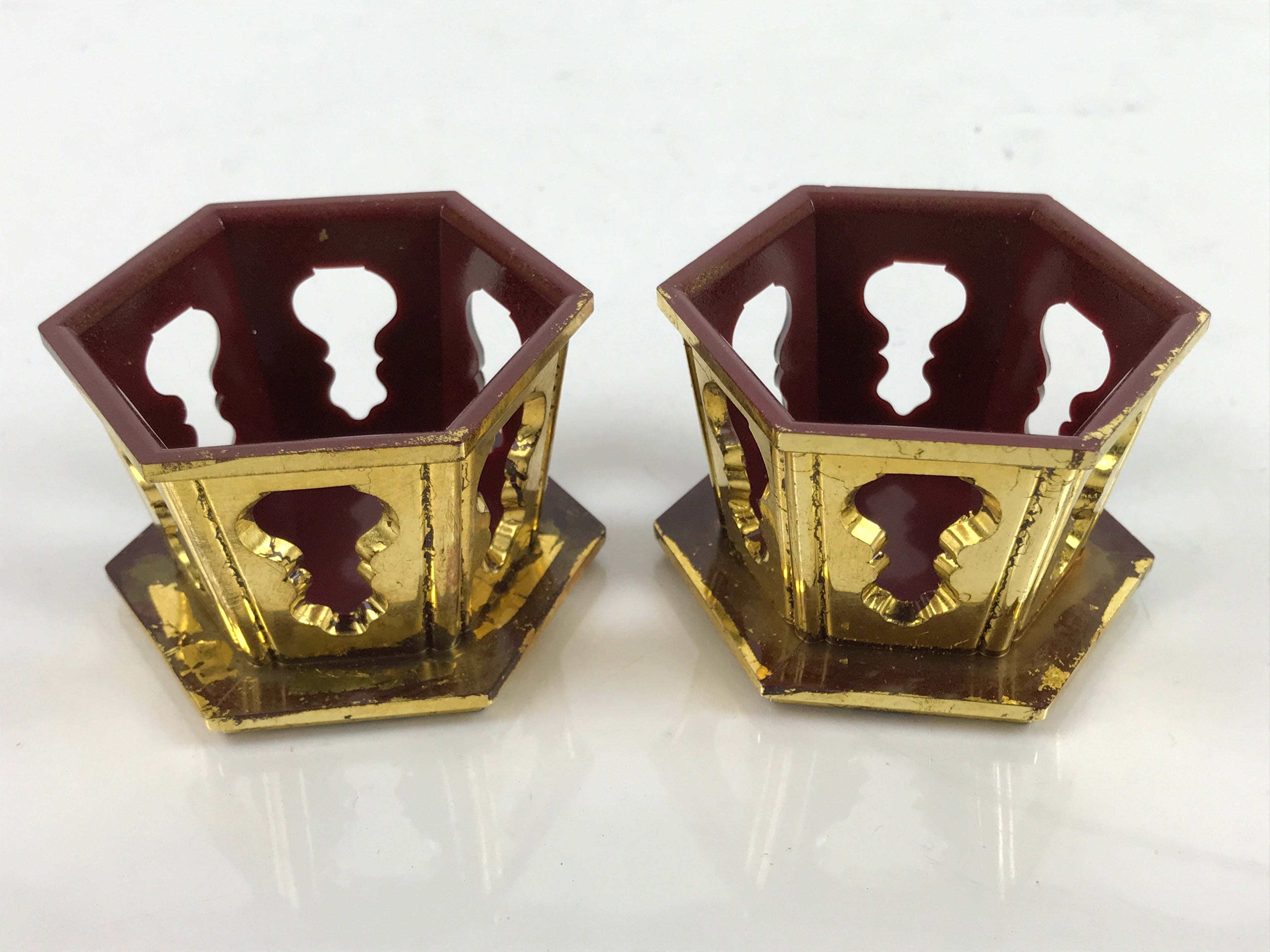 Japanese Buddhist Altar Fitting Offering Cup Stand Vtg 2pc Bukki Butsugu BA417