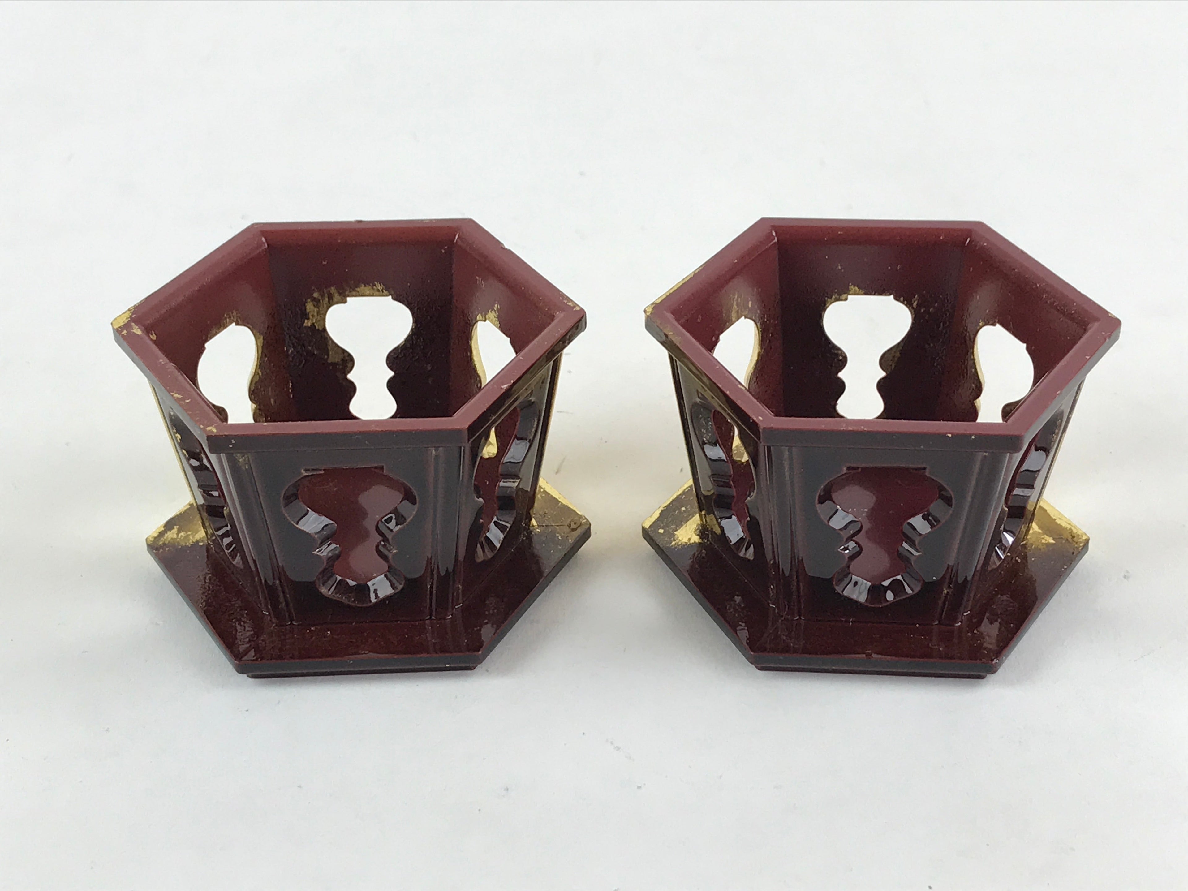 Japanese Buddhist Altar Fitting Offering Cup Stand Vtg 2pc Bukki Butsugu Gold BA
