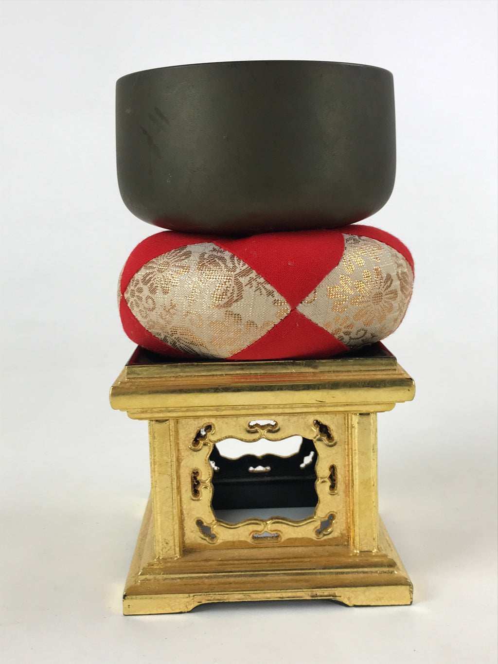 Japanese Buddhist Altar Fitting Orin Bell Singing Bowl Vtg Lacquered Stand BA127