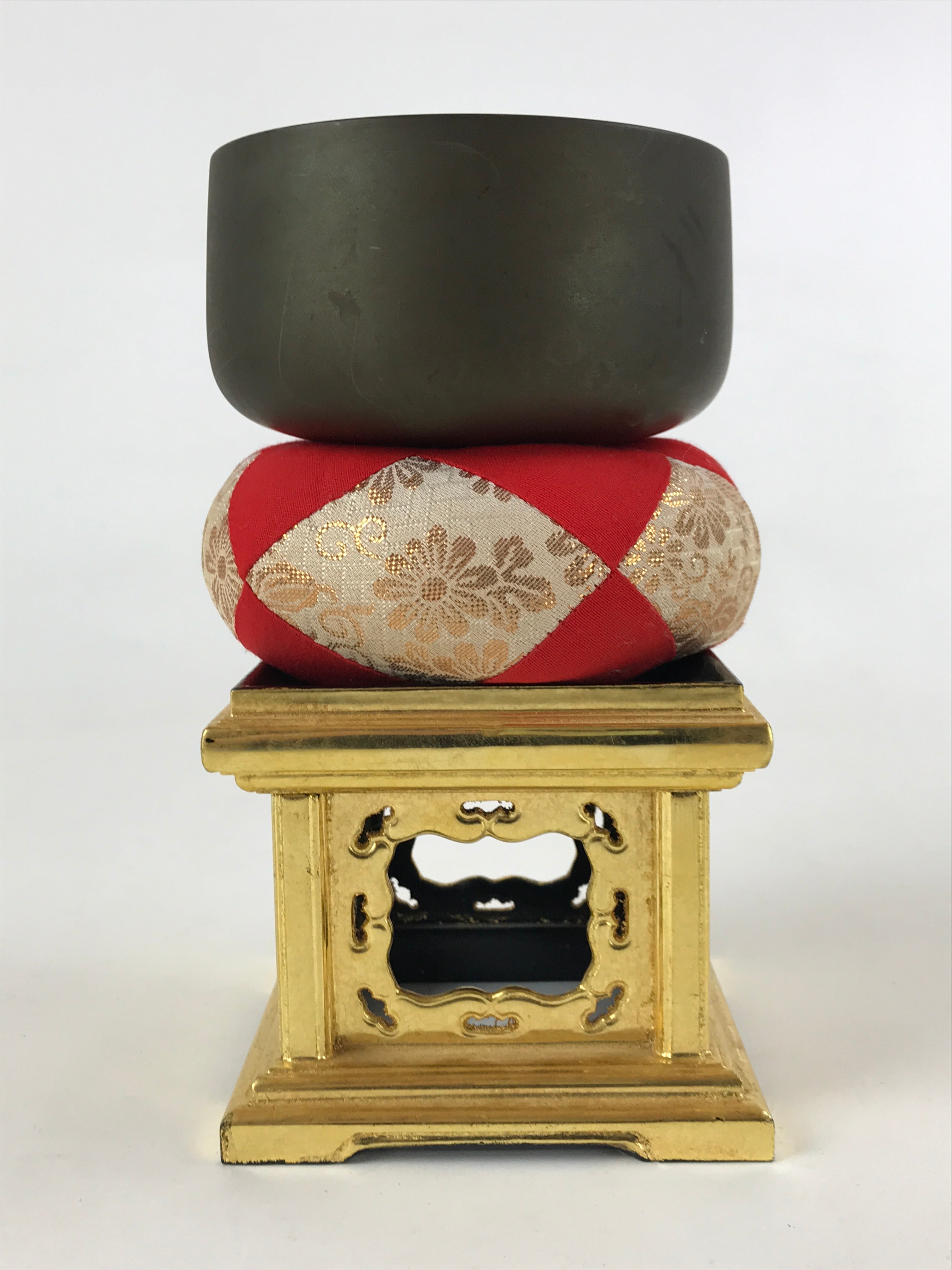 Japanese Buddhist Altar Fitting Orin Bell Singing Bowl Vtg Lacquered Stand BA127