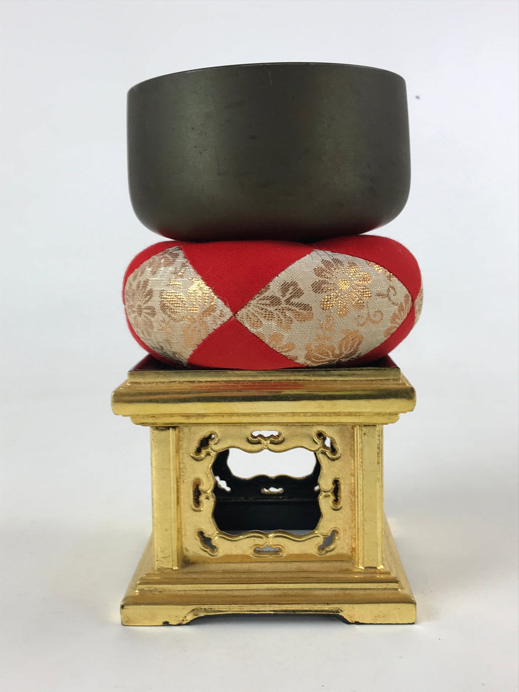 Japanese Buddhist Altar Fitting Orin Bell Singing Bowl Vtg Lacquered Stand BA127
