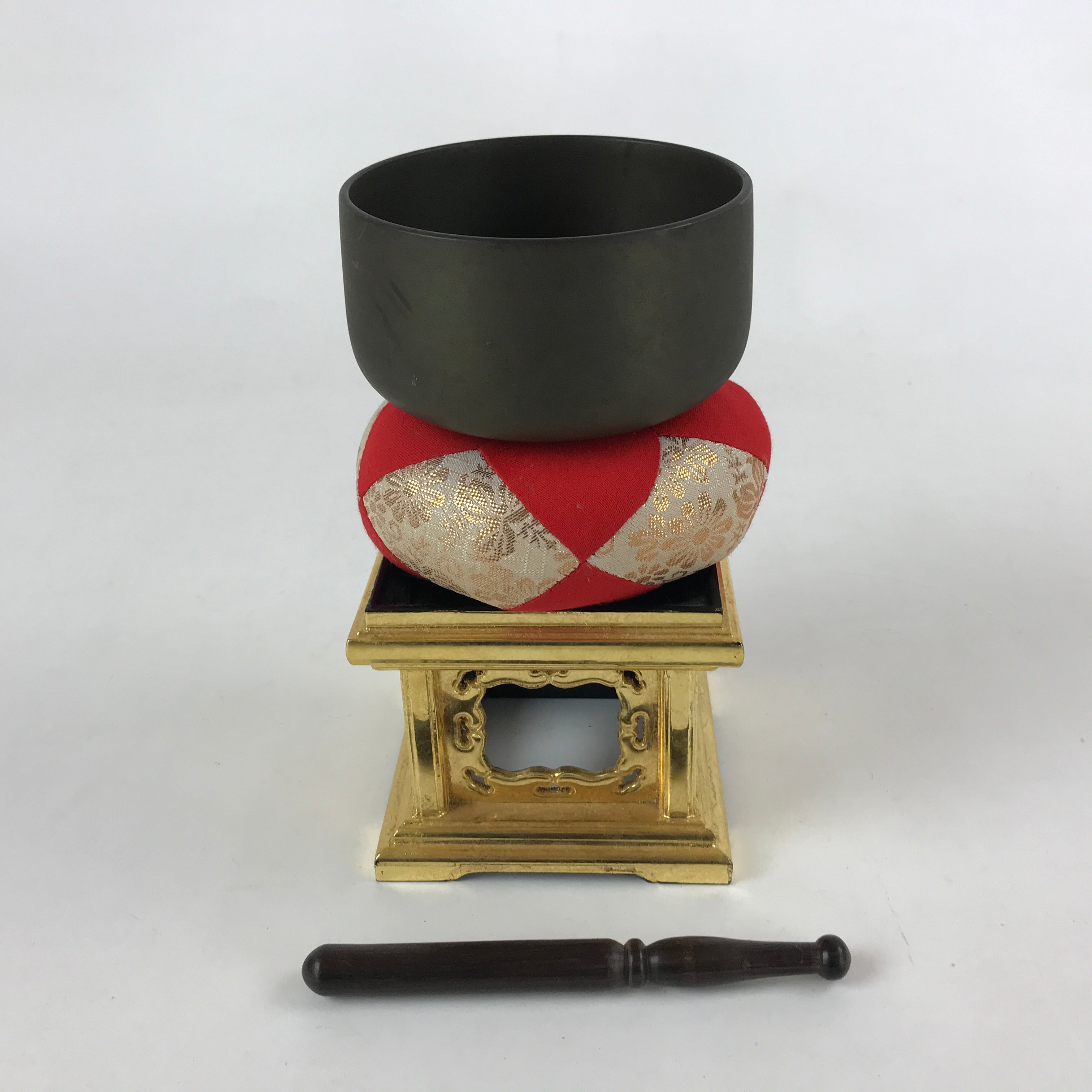 Japanese Buddhist Altar Fitting Orin Bell Singing Bowl Vtg Lacquered Stand BA127