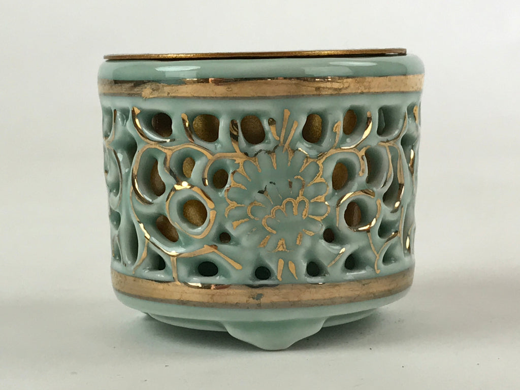 Japanese Buddhist Altar Fitting Porcelain Incense Burner Koro Vtg Green BA115