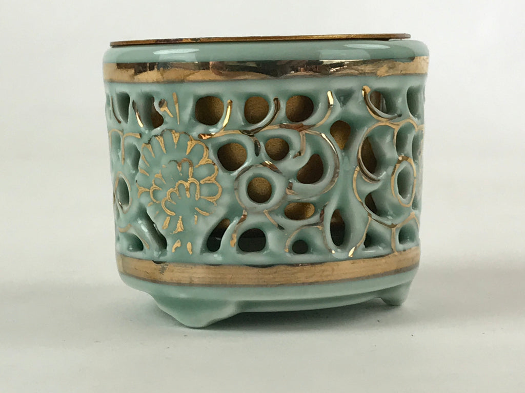 Japanese Buddhist Altar Fitting Porcelain Incense Burner Koro Vtg Green BA115