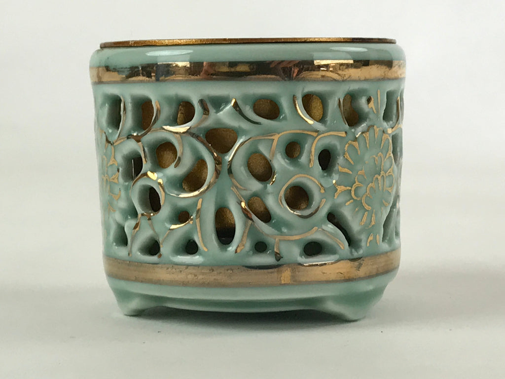 Japanese Buddhist Altar Fitting Porcelain Incense Burner Koro Vtg Green BA115