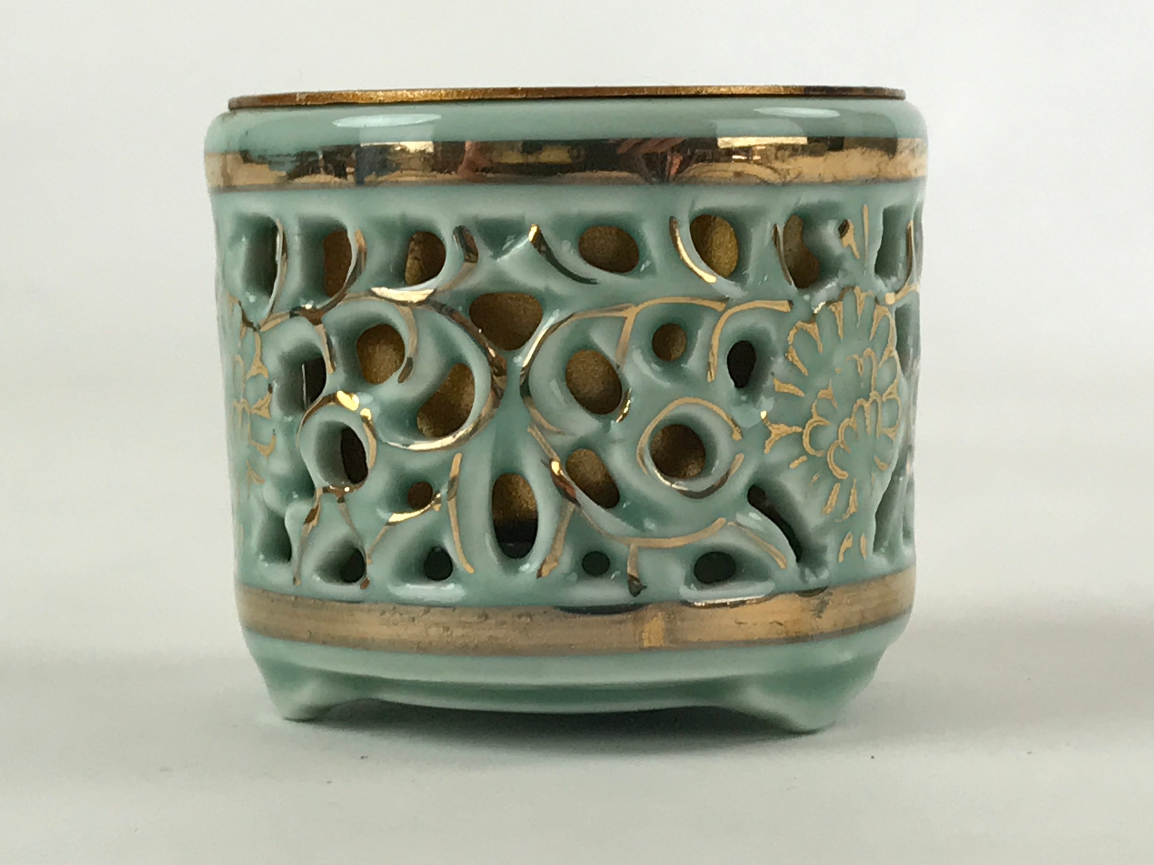 Japanese Buddhist Altar Fitting Porcelain Incense Burner Koro Vtg Green BA115