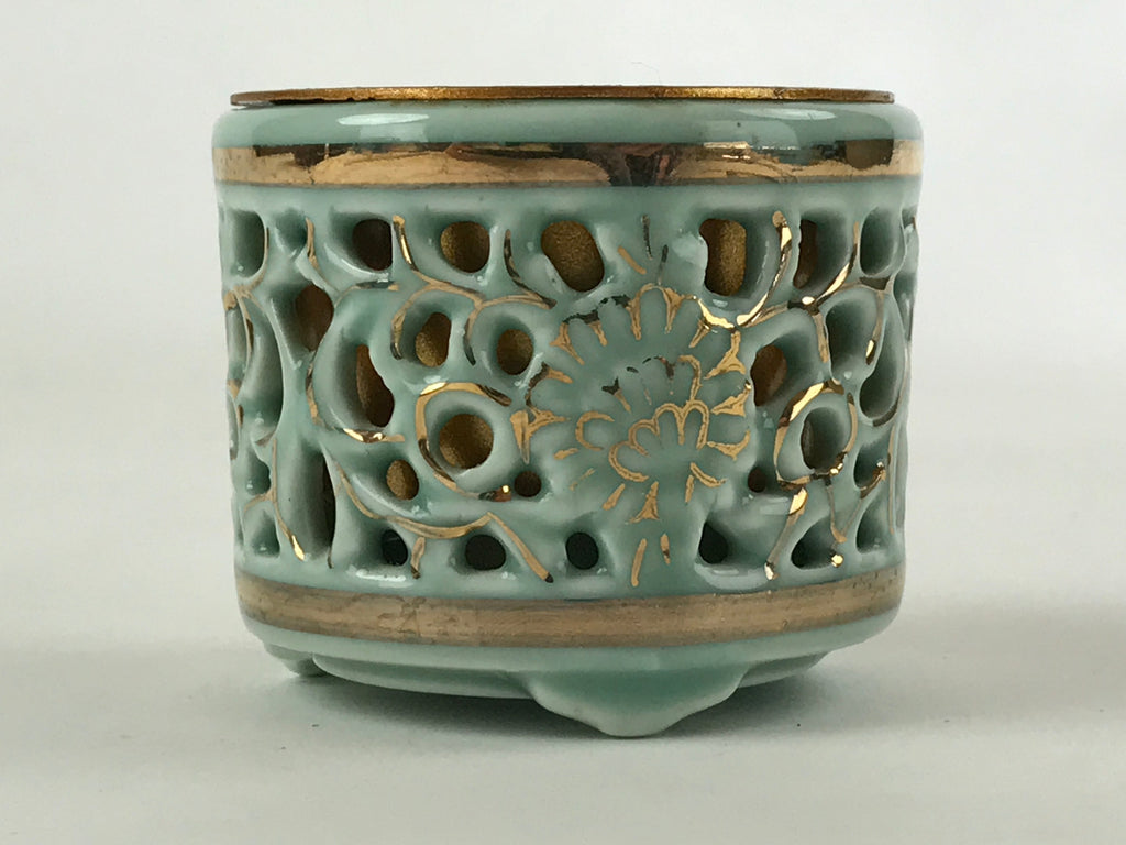 Japanese Buddhist Altar Fitting Porcelain Incense Burner Koro Vtg Green BA115