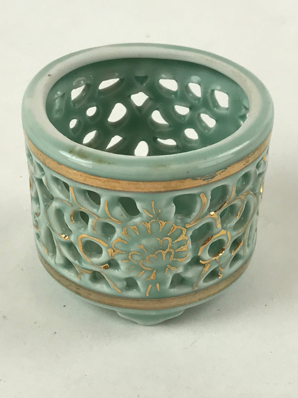 Japanese Buddhist Altar Fitting Porcelain Incense Burner Koro Vtg Green BA115