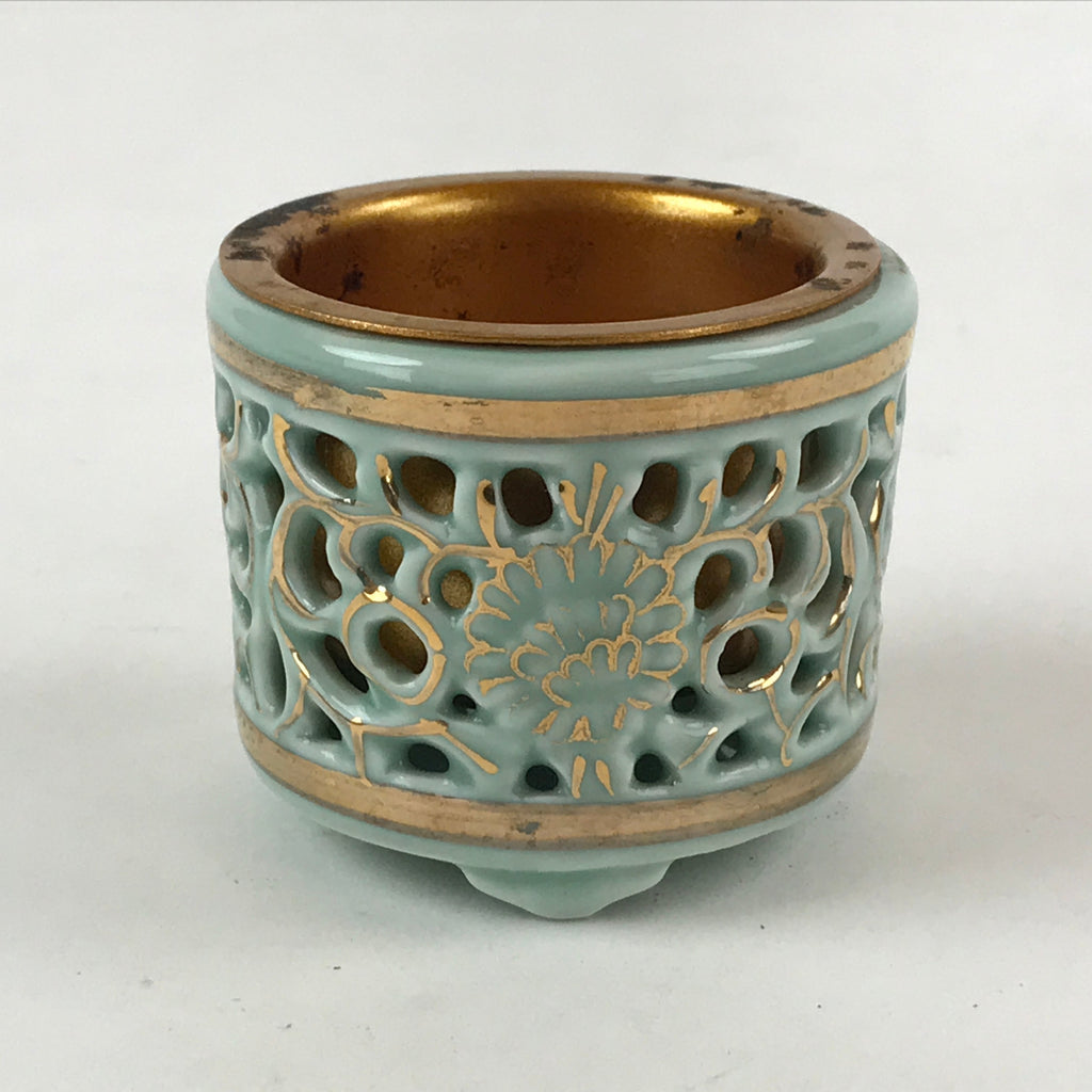Japanese Buddhist Altar Fitting Porcelain Incense Burner Koro Vtg Green BA115