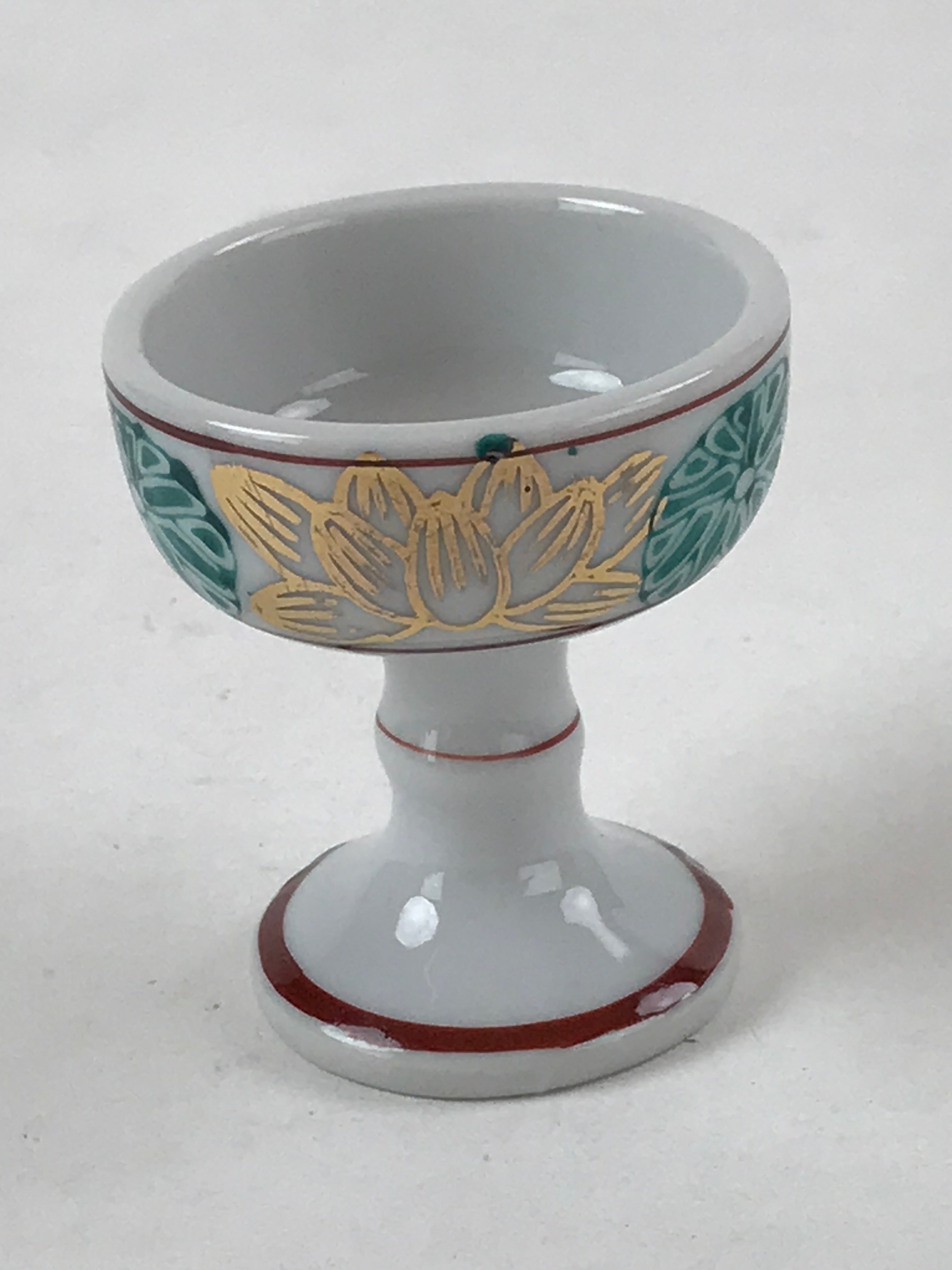 Japanese Buddhist Altar Fitting Porcelain Rice Offering Cup Vtg Gold Lotus BA156