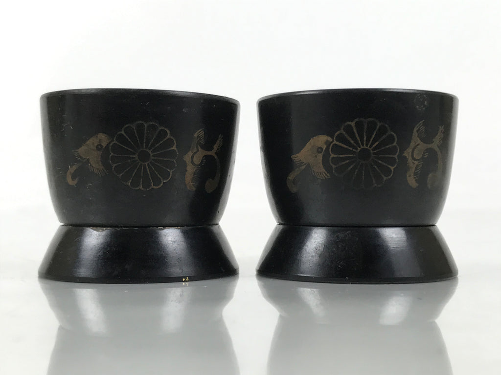 Japanese Buddhist Altar Fitting Resin Sake Cup Vtg 2pc Butsugu Black Kiku BA672