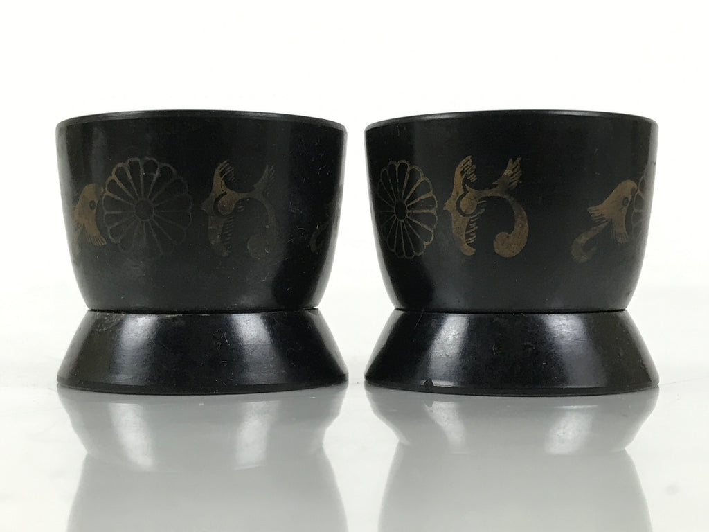 Japanese Buddhist Altar Fitting Resin Sake Cup Vtg 2pc Butsugu Black Kiku BA672