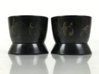 Japanese Buddhist Altar Fitting Resin Sake Cup Vtg 2pc Butsugu Black Kiku BA672