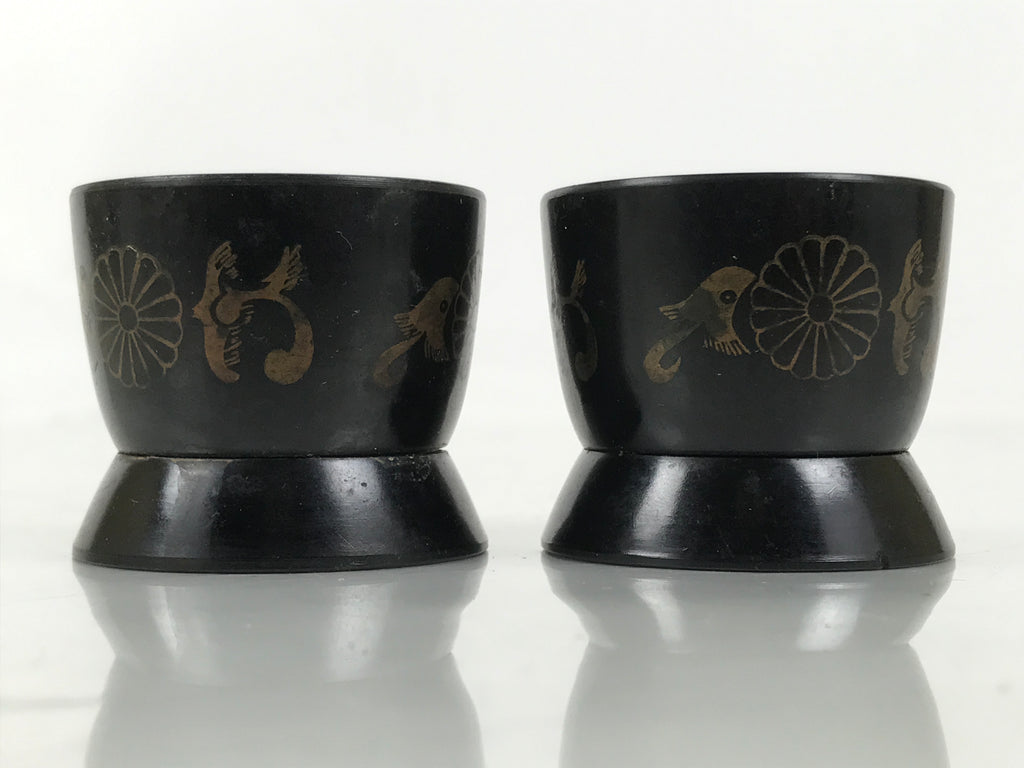 Japanese Buddhist Altar Fitting Resin Sake Cup Vtg 2pc Butsugu Black Kiku BA672
