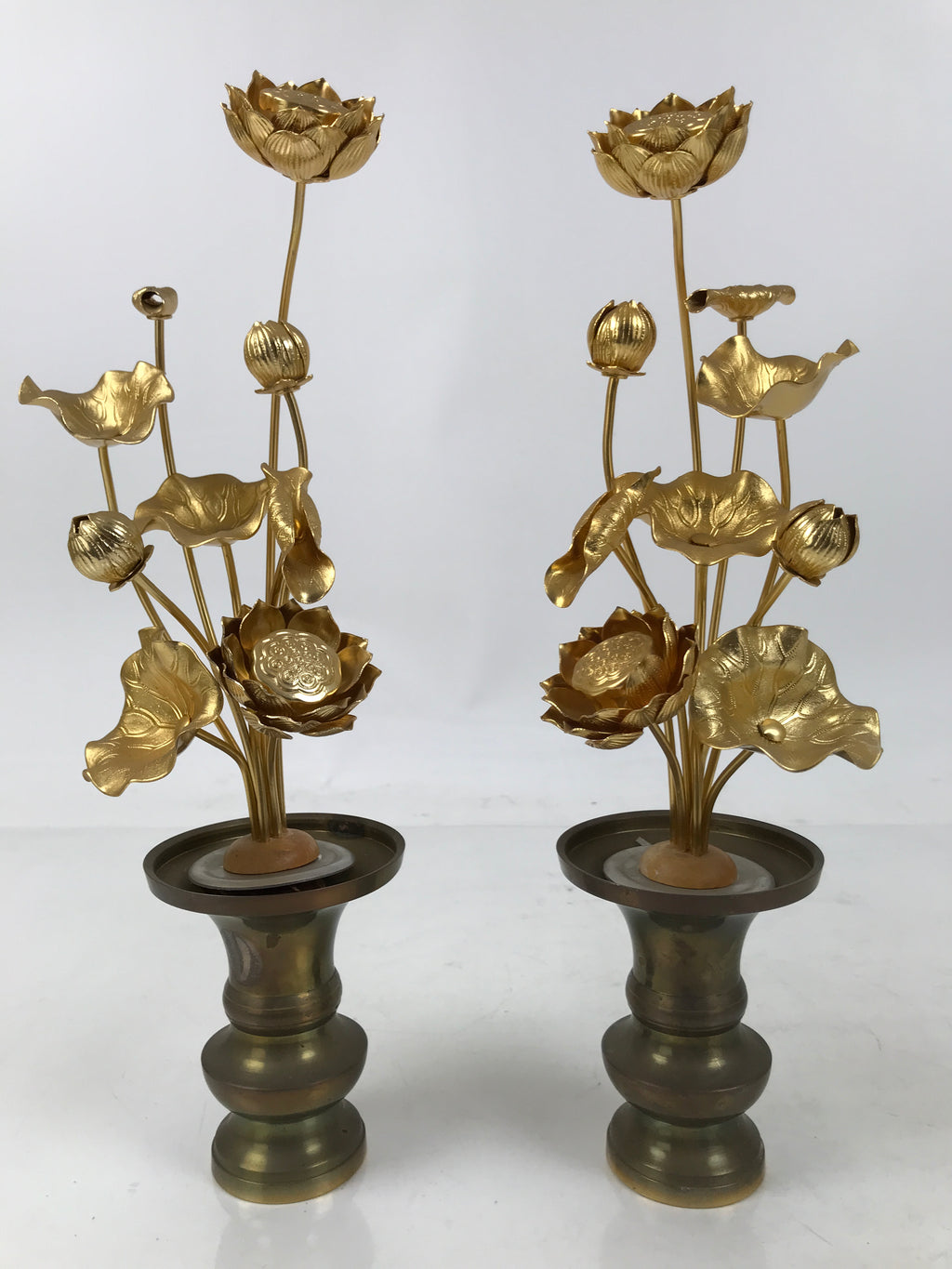 Japanese Buddhist Altar Fitting Vtg Gold Lotus Flowers Jouka Hanatate 2pcs BA716