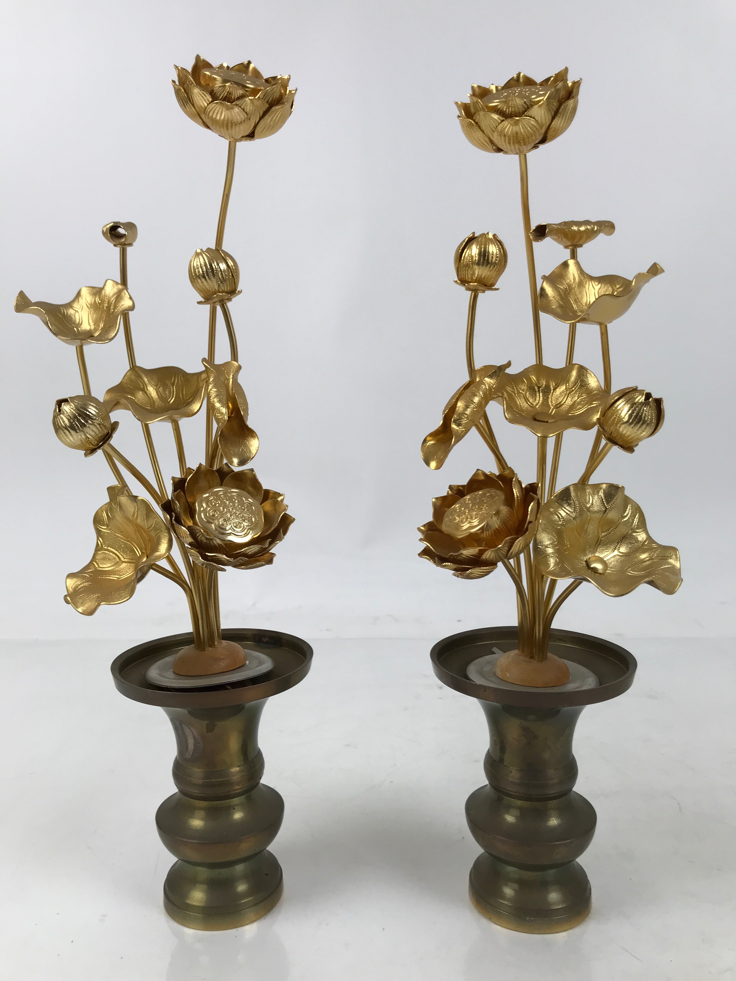 Japanese Buddhist Altar Fitting Vtg Gold Lotus Flowers Jouka Hanatate 2pcs BA716