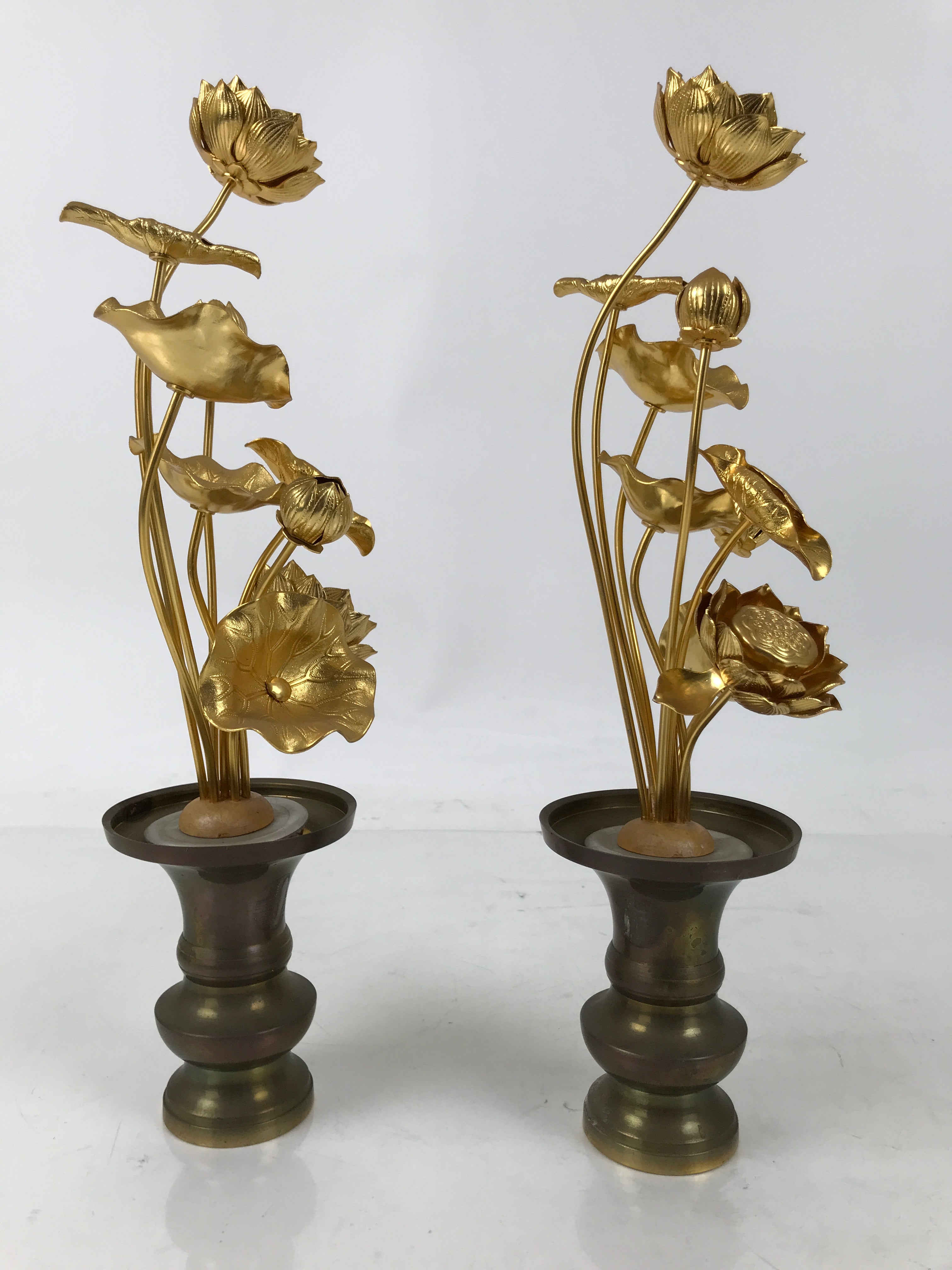 Japanese Buddhist Altar Fitting Vtg Gold Lotus Flowers Jouka Hanatate 2pcs BA716