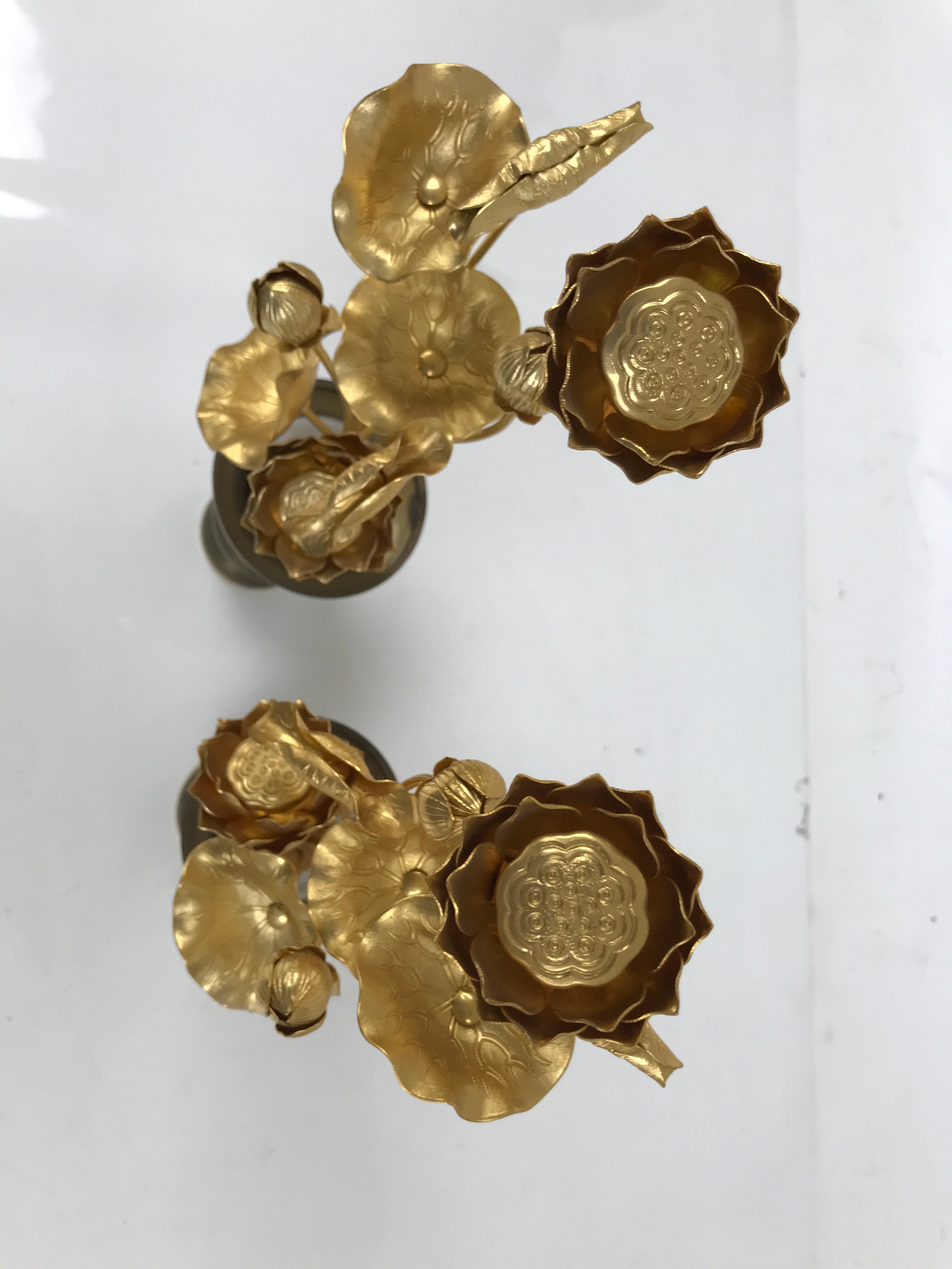 Japanese Buddhist Altar Fitting Vtg Gold Lotus Flowers Jouka Hanatate 2pcs BA716