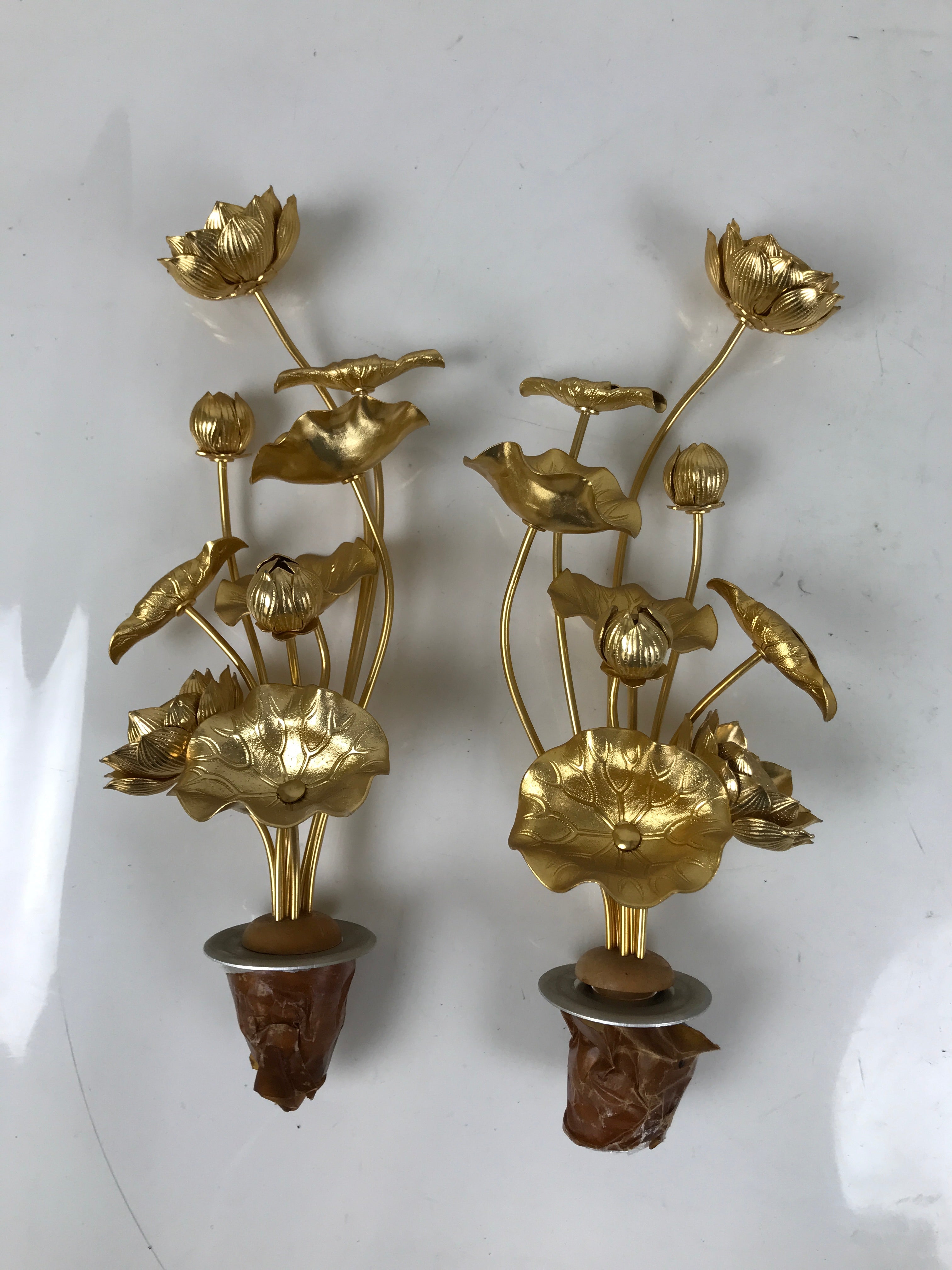 Japanese Buddhist Altar Fitting Vtg Gold Lotus Flowers Jouka Hanatate 2pcs BA716