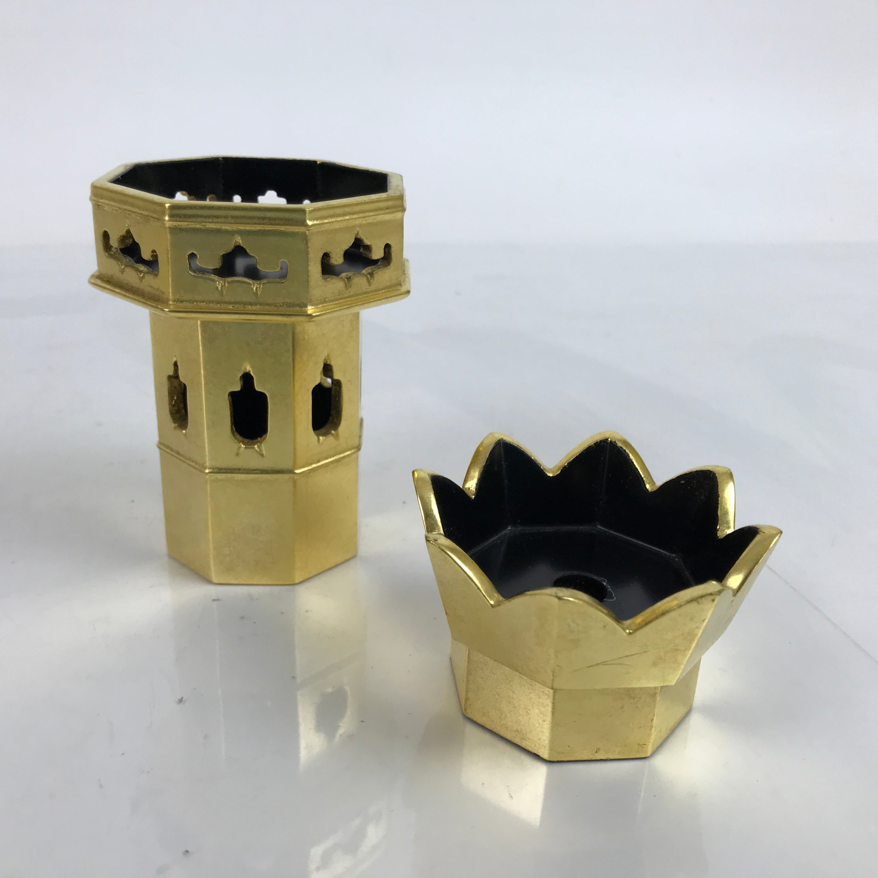 Japanese Buddhist Altar Fitting Wood Kuge Offering Stand Vtg 2pc Gold BA359