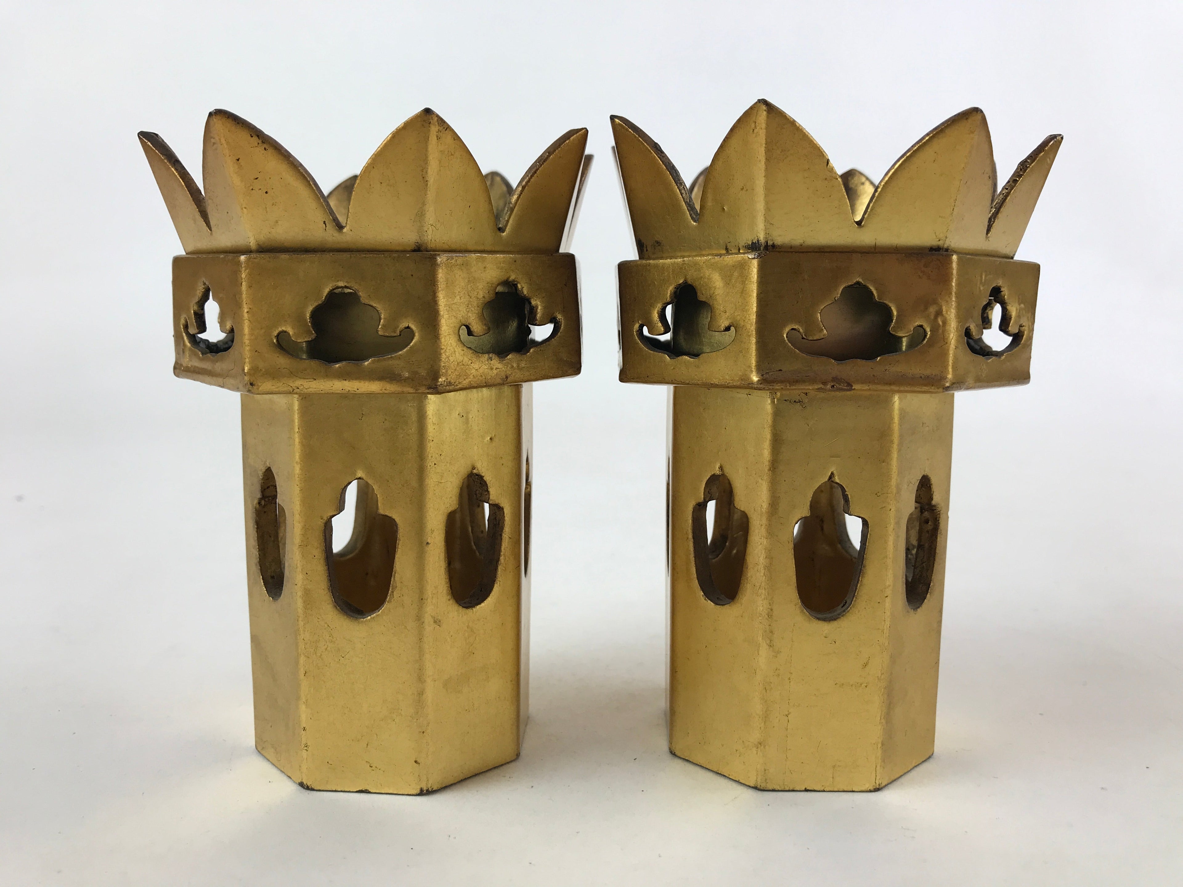 Japanese Buddhist Altar Fitting Wooden Kuge Offering Stand Vtg 2pc Gold BA87