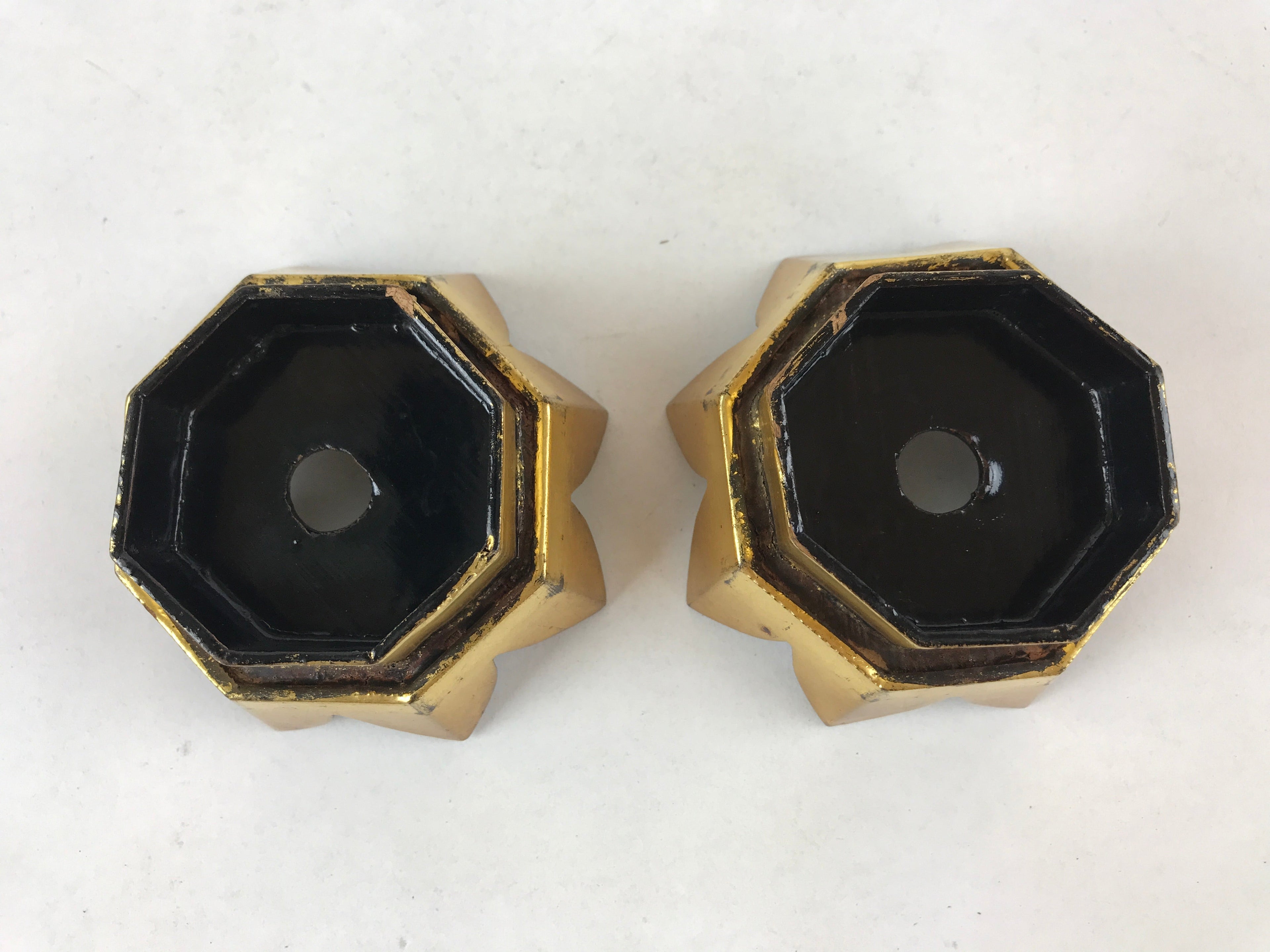 Japanese Buddhist Altar Fitting Wooden Kuge Offering Stand Vtg 2pc Gold BA87