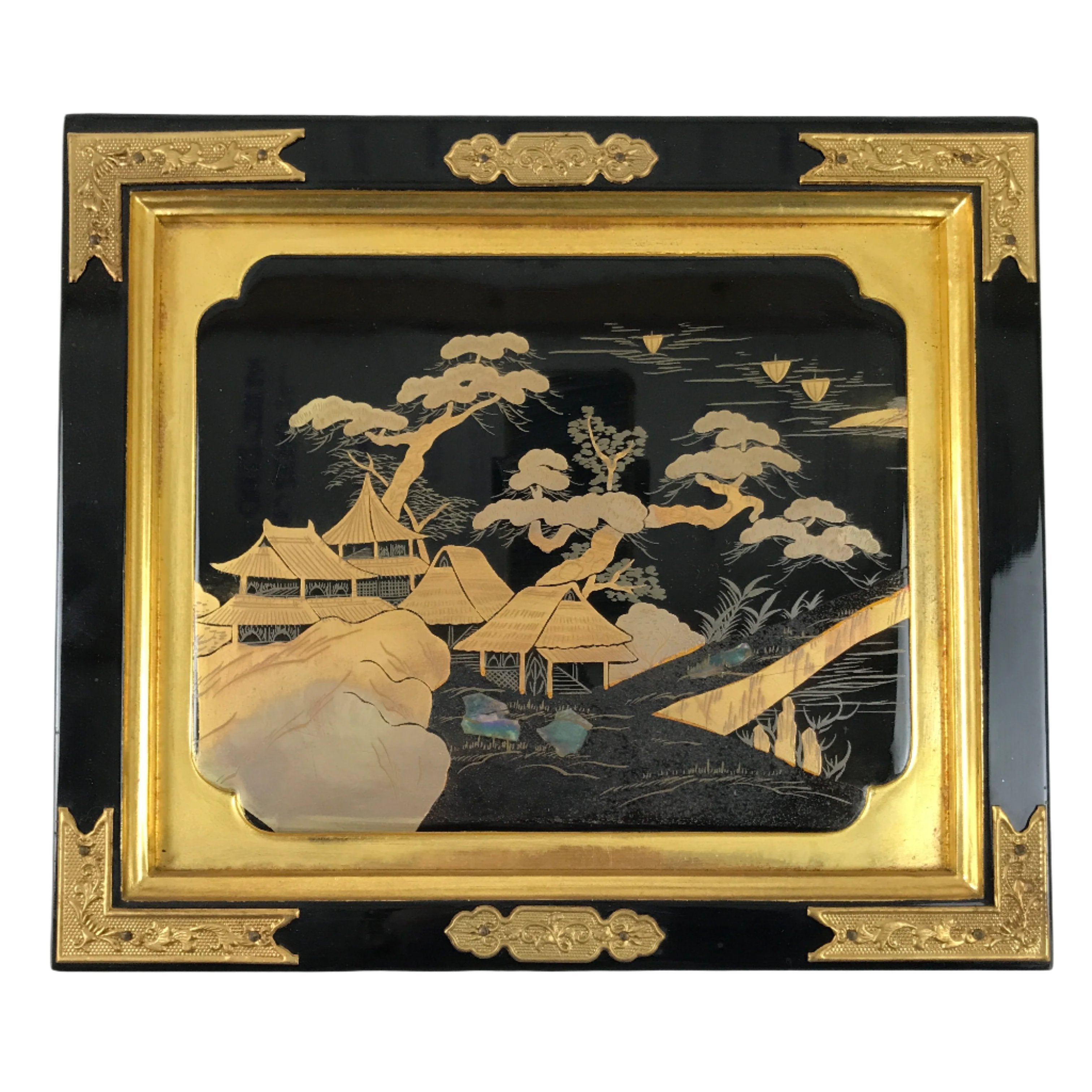 Japanese Buddhist Altar Lacquer Door Panel Vtg Makie Raden Scenery Gold BA468