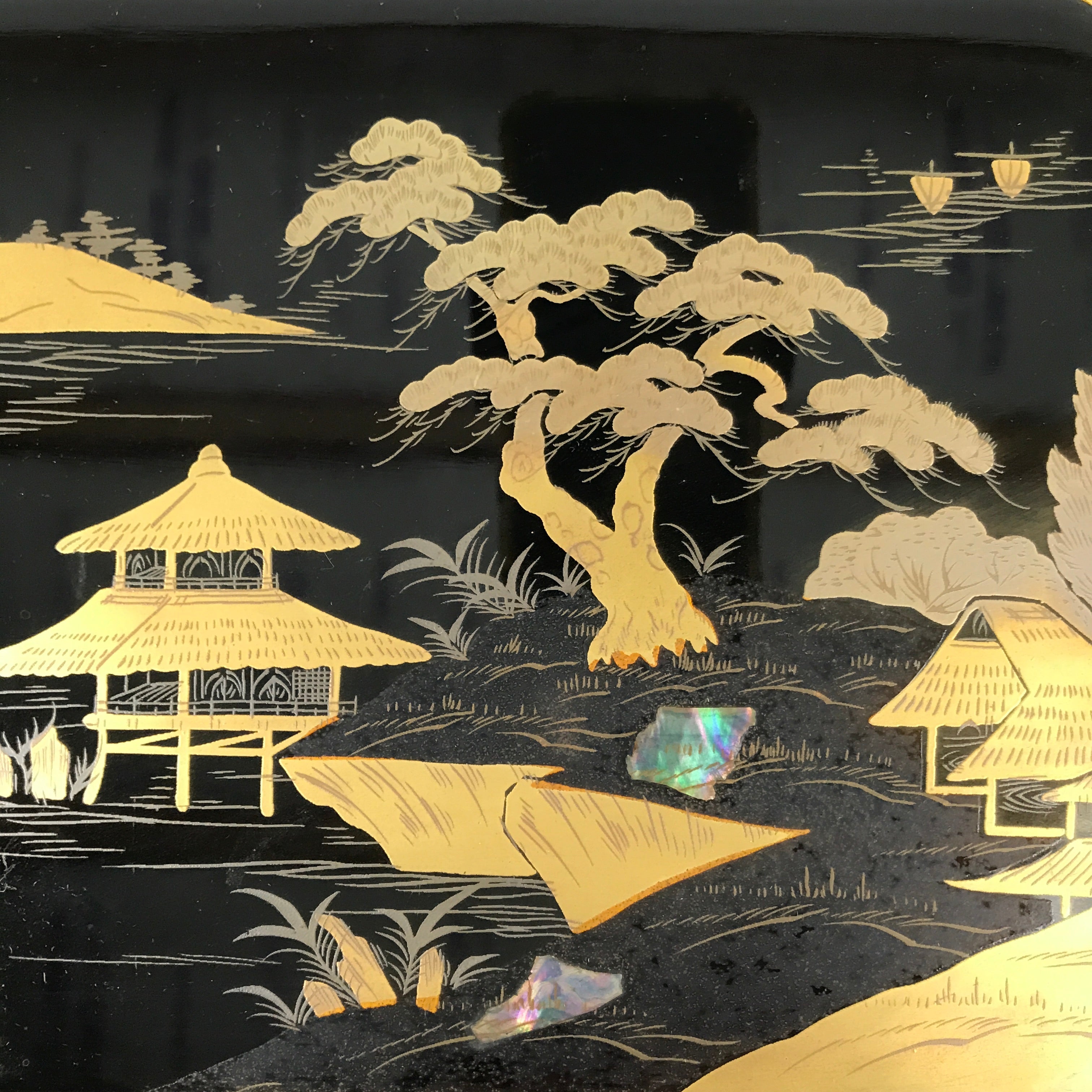 Japanese Buddhist Altar Lacquer Door Panel Vtg Makie Raden Scenery Gold BA469