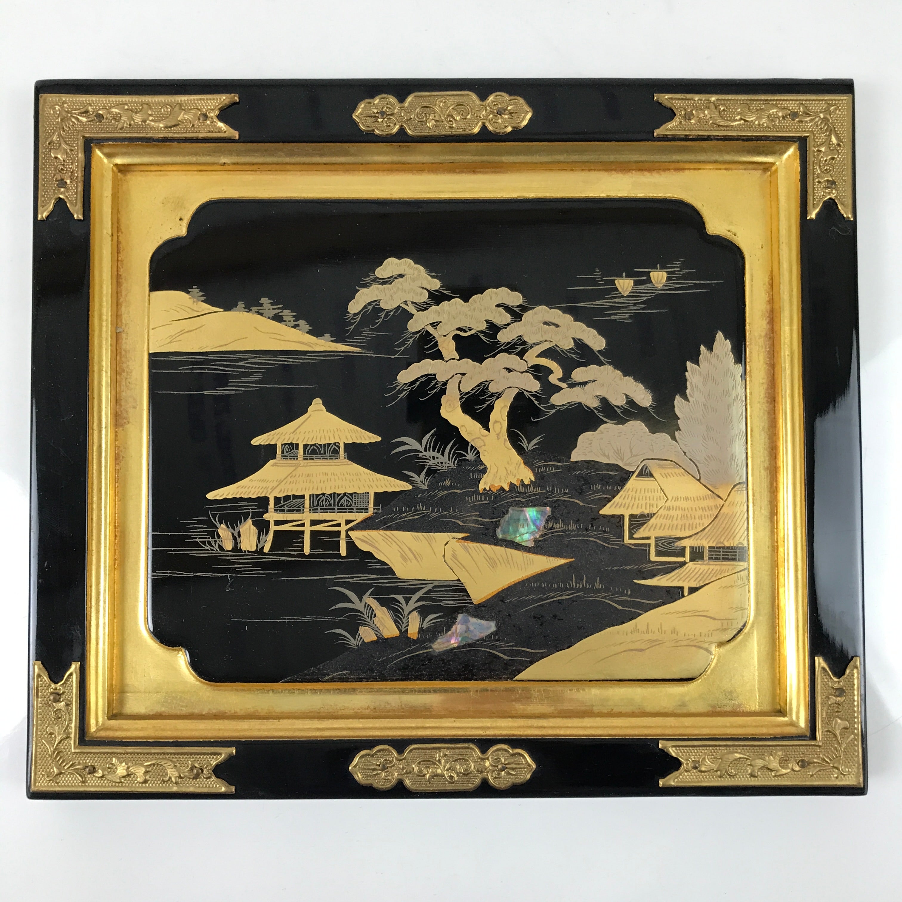 Japanese Buddhist Altar Lacquer Door Panel Vtg Makie Raden Scenery Gold BA469