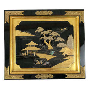 Japanese Buddhist Altar Lacquer Door Panel Vtg Makie Raden Scenery Gold BA469