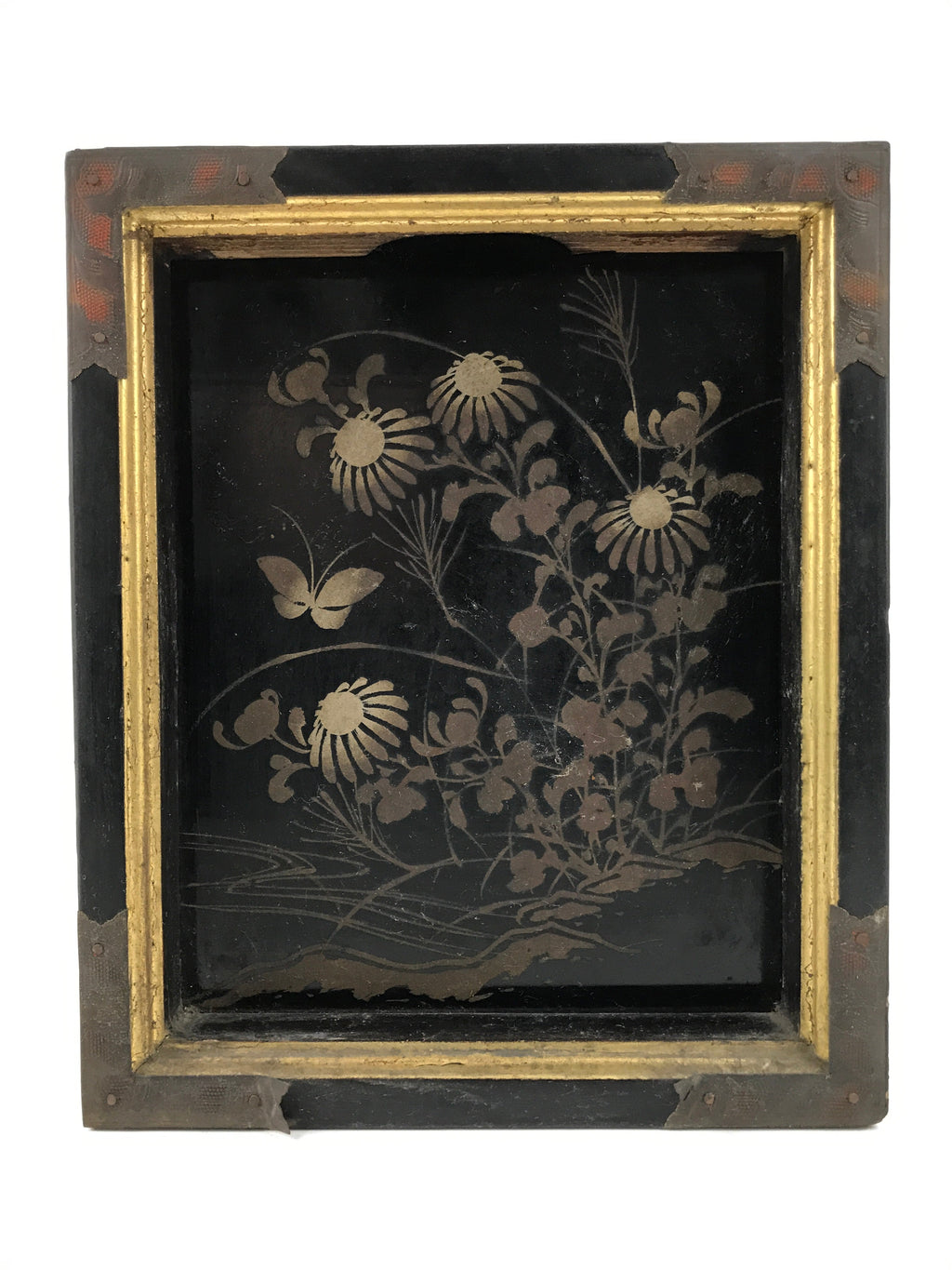 Japanese Buddhist Altar Lacquer Drawer Vtg Bronze Gold Makie Chrysanthemum BA499