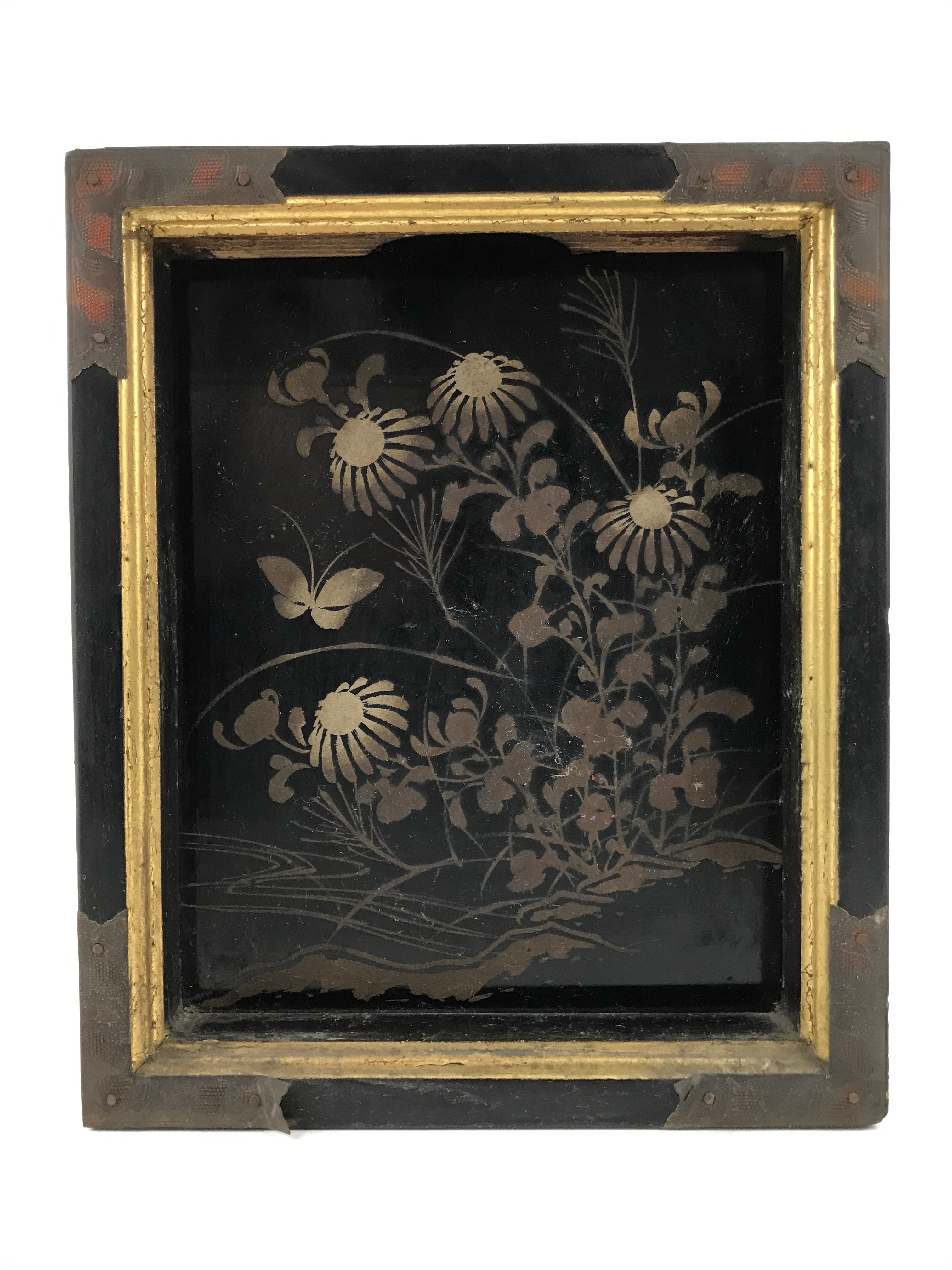 Japanese Buddhist Altar Lacquer Drawer Vtg Bronze Gold Makie Chrysanthemum BA499