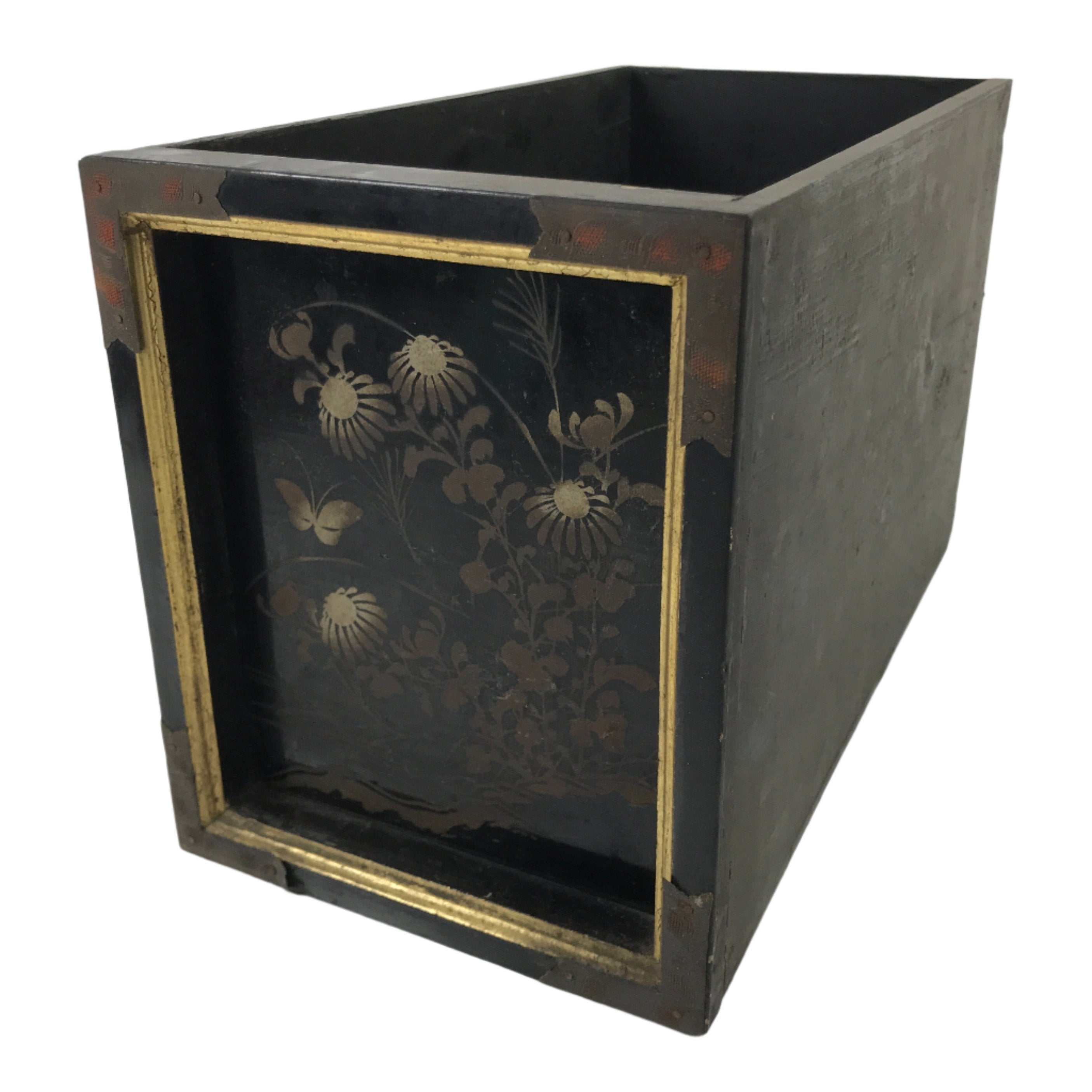 Japanese Buddhist Altar Lacquer Drawer Vtg Bronze Gold Makie Chrysanthemum BA499