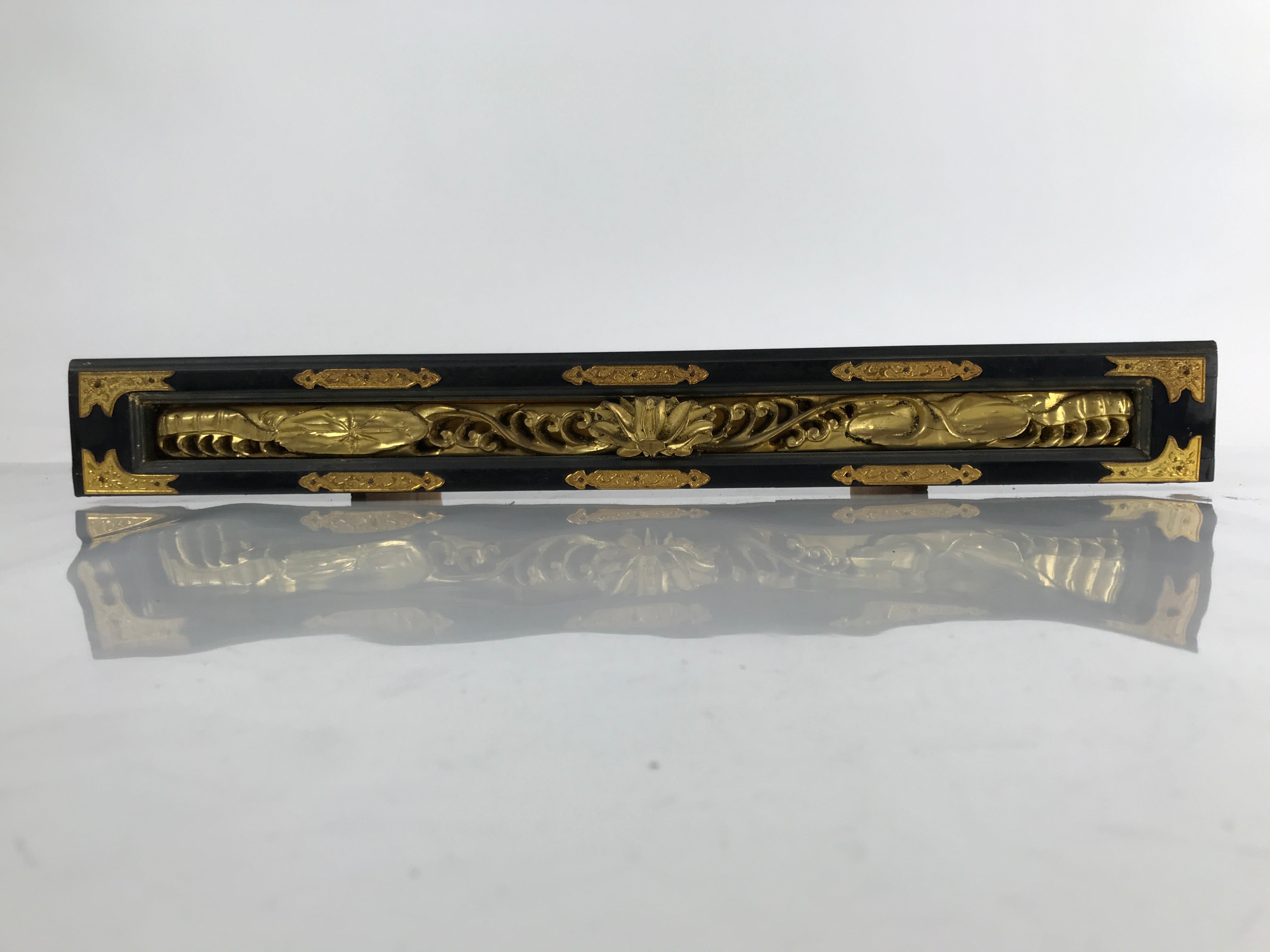 Japanese Buddhist Altar Lacquer Part Vtg Gilt Carved Wood Lotus Gold Black BA290