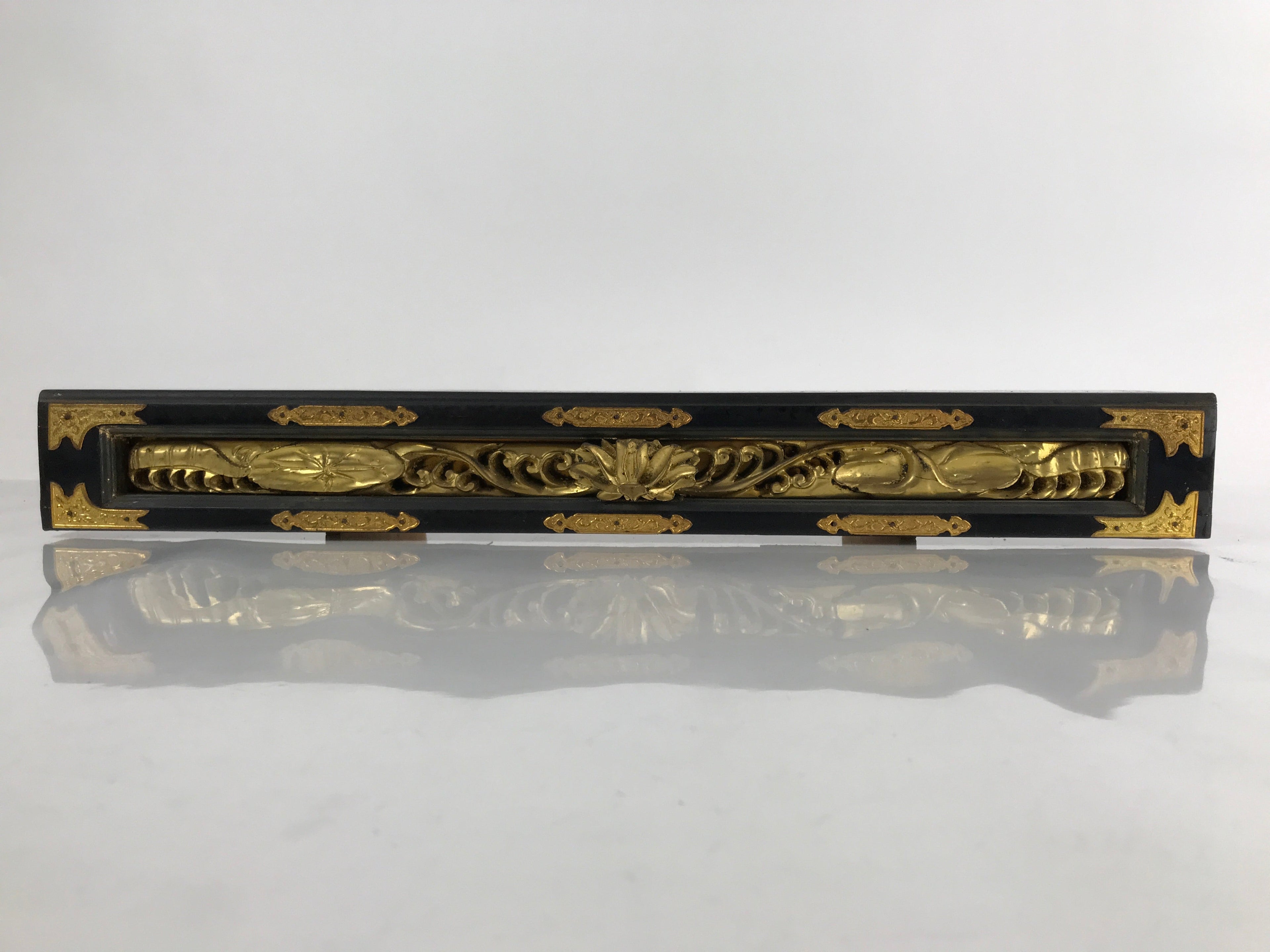 Japanese Buddhist Altar Lacquer Part Vtg Gilt Carved Wood Lotus Gold Black BA290