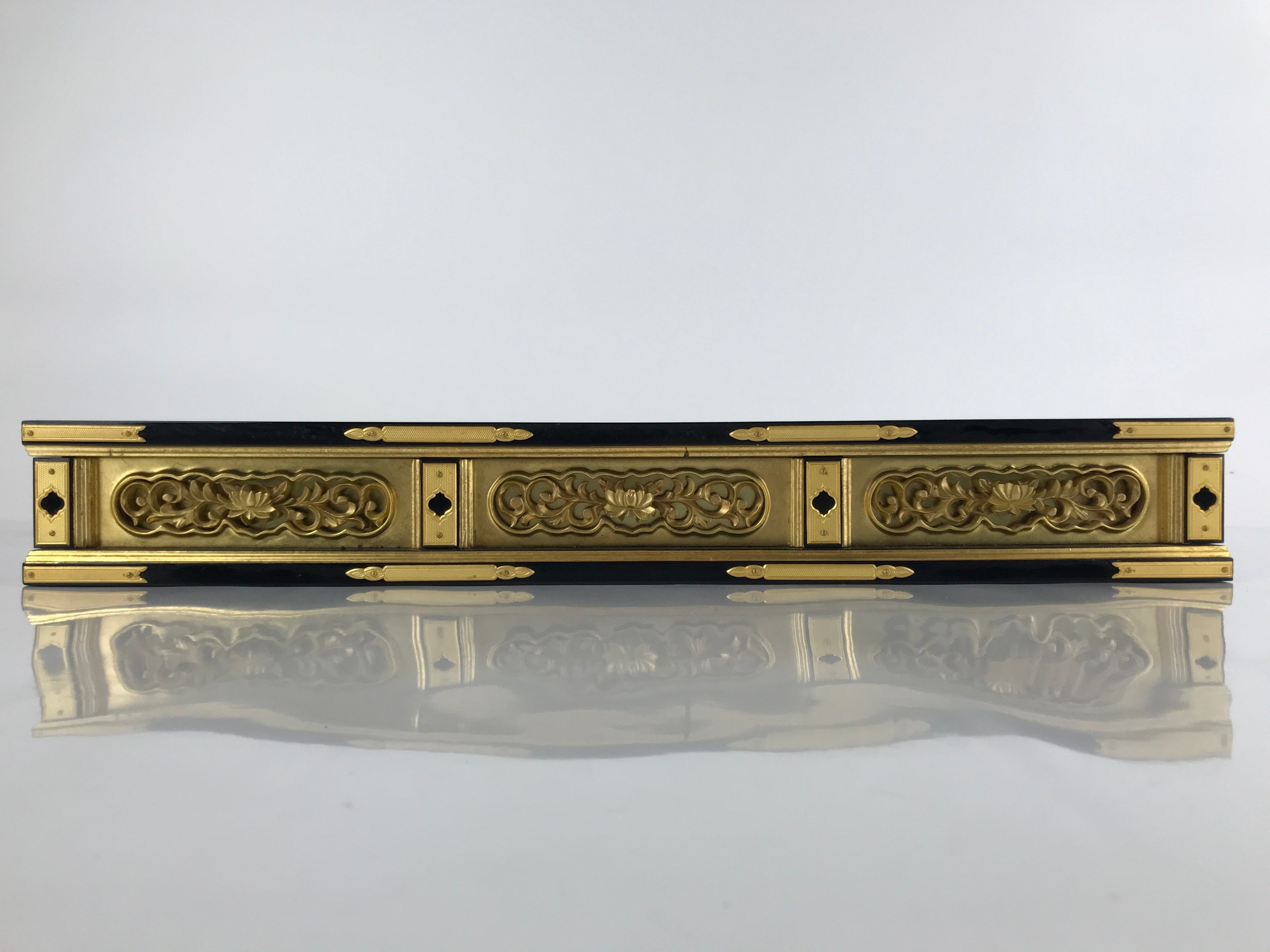 Japanese Buddhist Altar Lacquer Part Vtg Gilt Carved Wood Peony Gold Black BA275