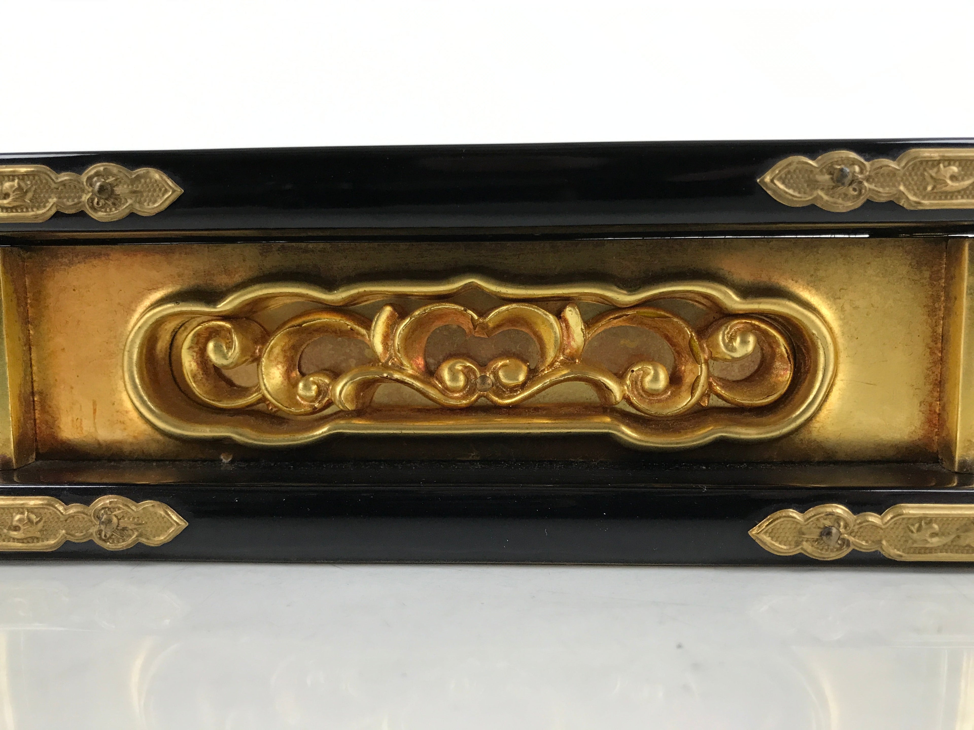 Japanese Buddhist Altar Lacquer Part Vtg Gilt Carved Wood Vines Gold Black BA429
