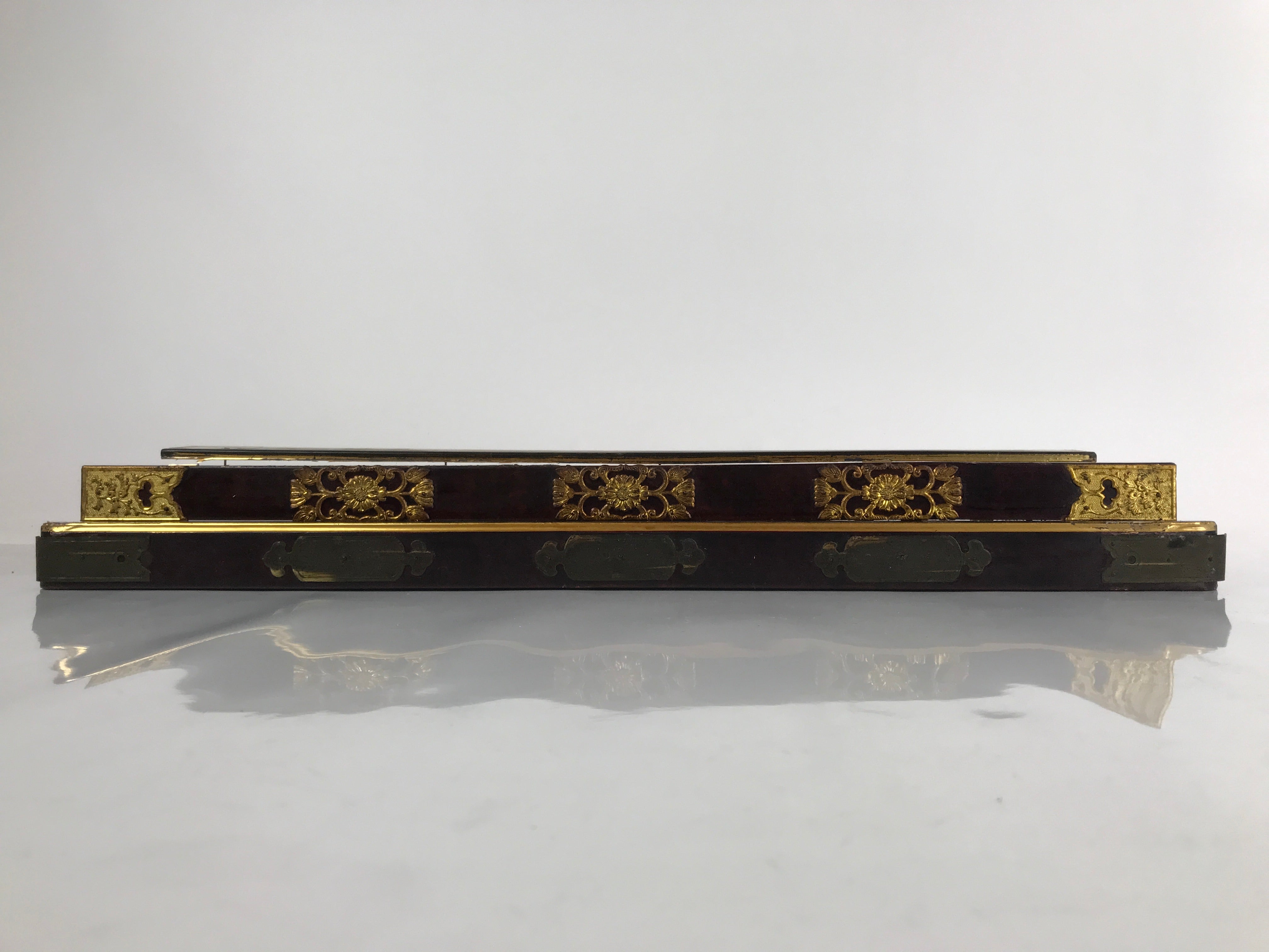 Japanese Buddhist Altar Lacquer Wood Part Vtg Base Piece Brass Bronze BA292