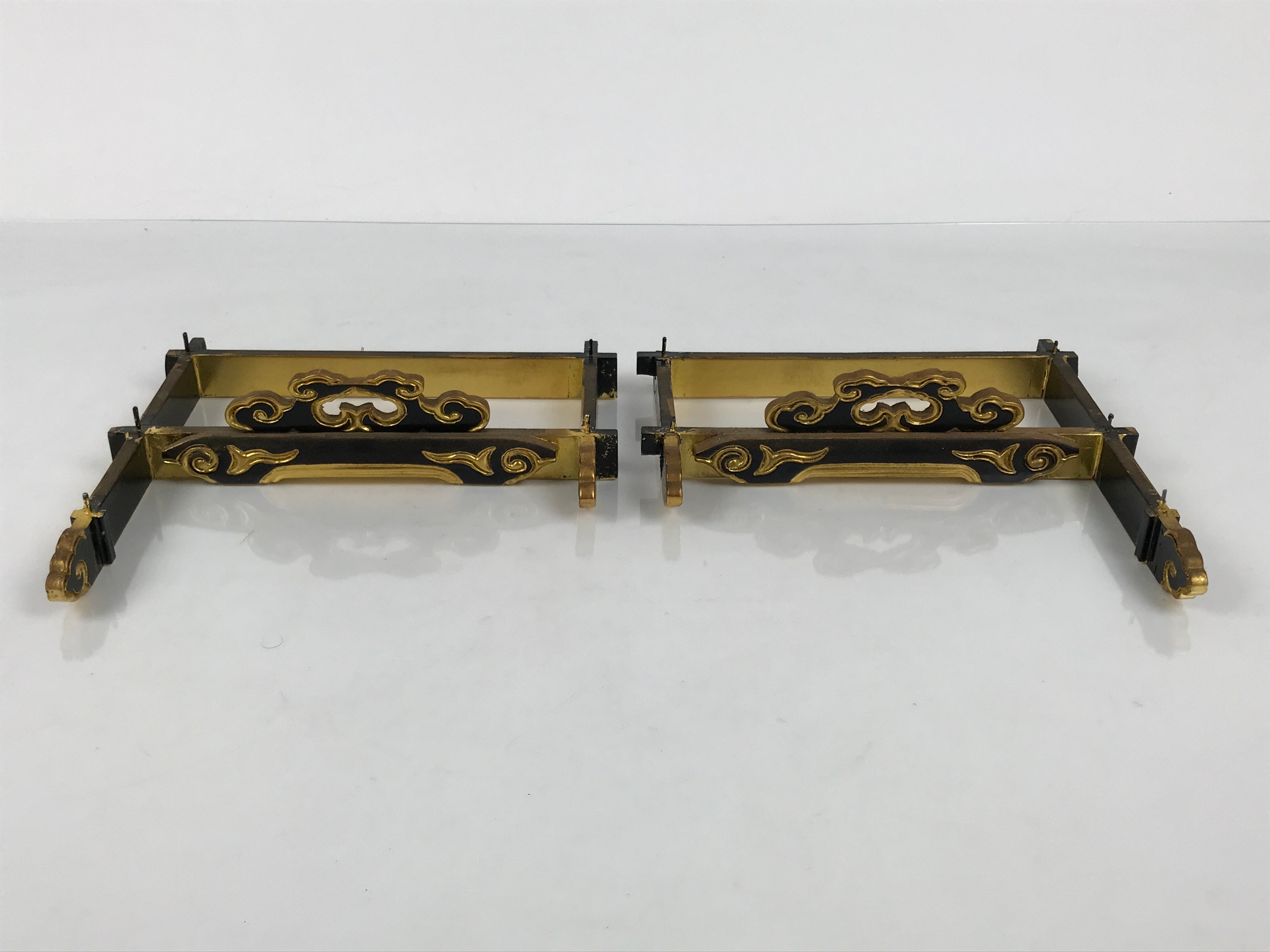 Japanese Buddhist Altar Lacquer Wood Spare Decorative Part 2pc Gold Black BP10