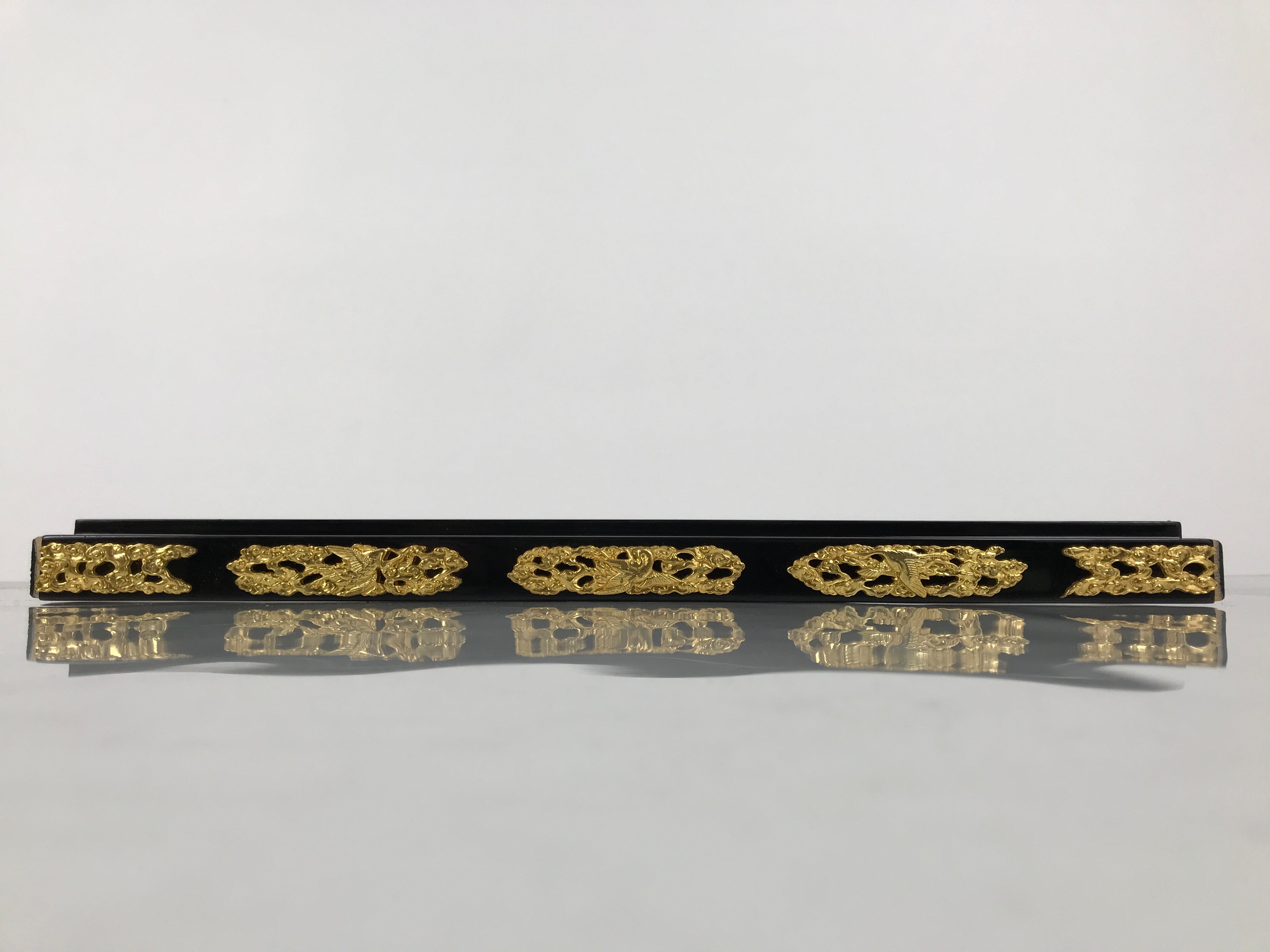Japanese Buddhist Altar Lacquer Wood Spare Part Vtg Base Piece Brass Cranes BP6