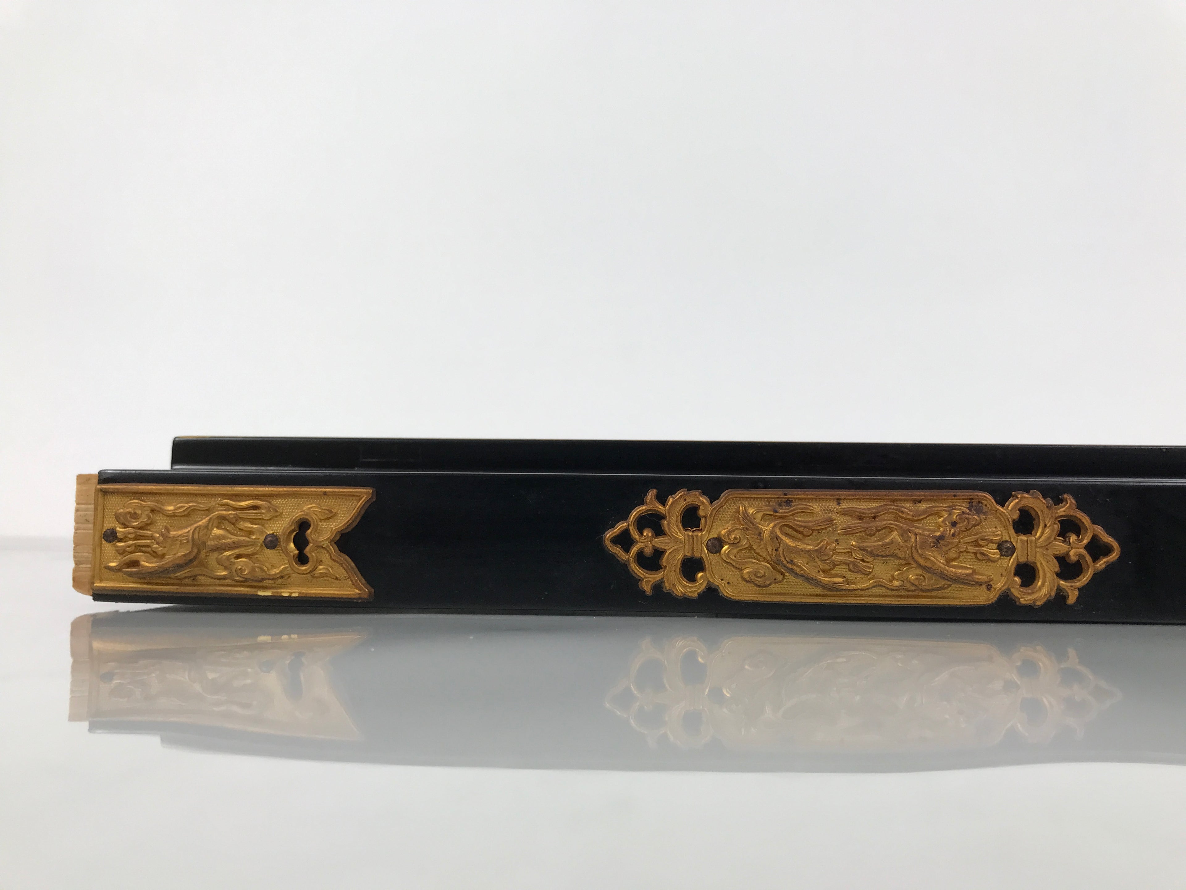 Japanese Buddhist Altar Lacquer Wood Spare Part Vtg Base Piece Brass Cranes BP8