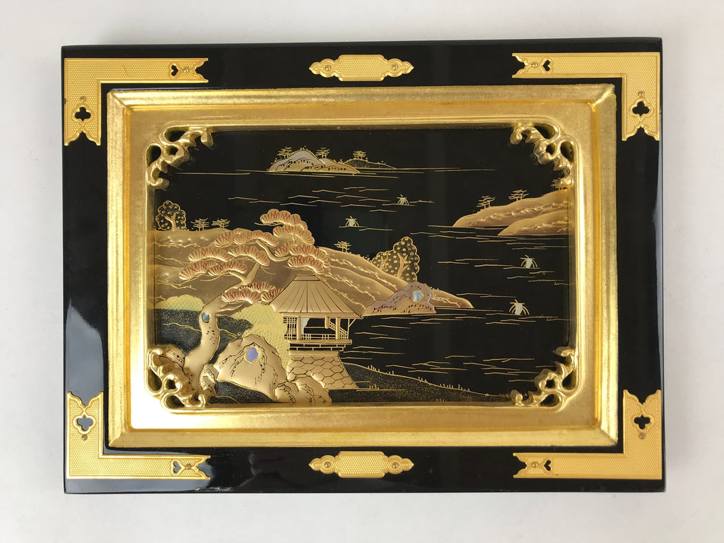 Japanese Buddhist Altar Lacquered Door Panel Vtg Gilt Makie Scenery Gold BA233