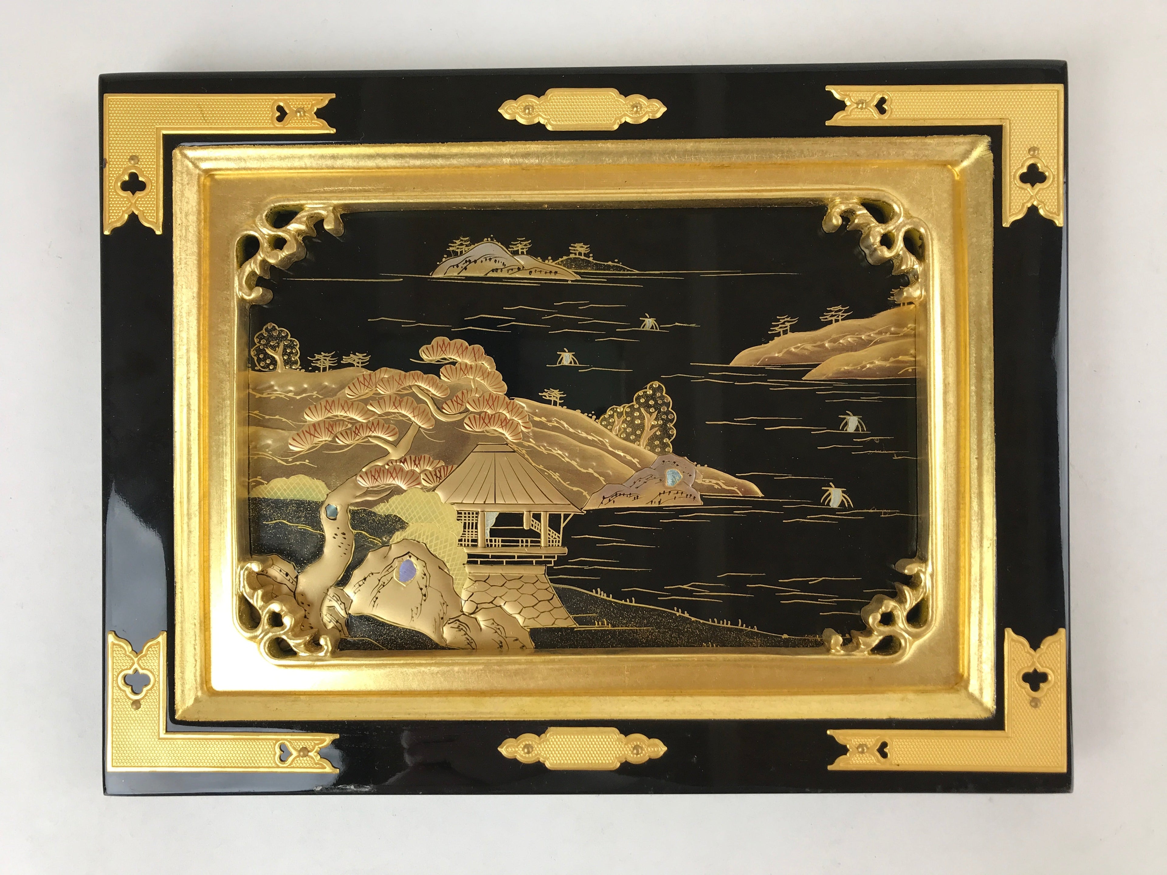 Japanese Buddhist Altar Lacquered Door Panel Vtg Gilt Makie Scenery Gold BA233
