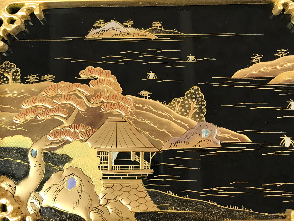 Japanese Buddhist Altar Lacquered Door Panel Vtg Gilt Makie Scenery Gold BA233