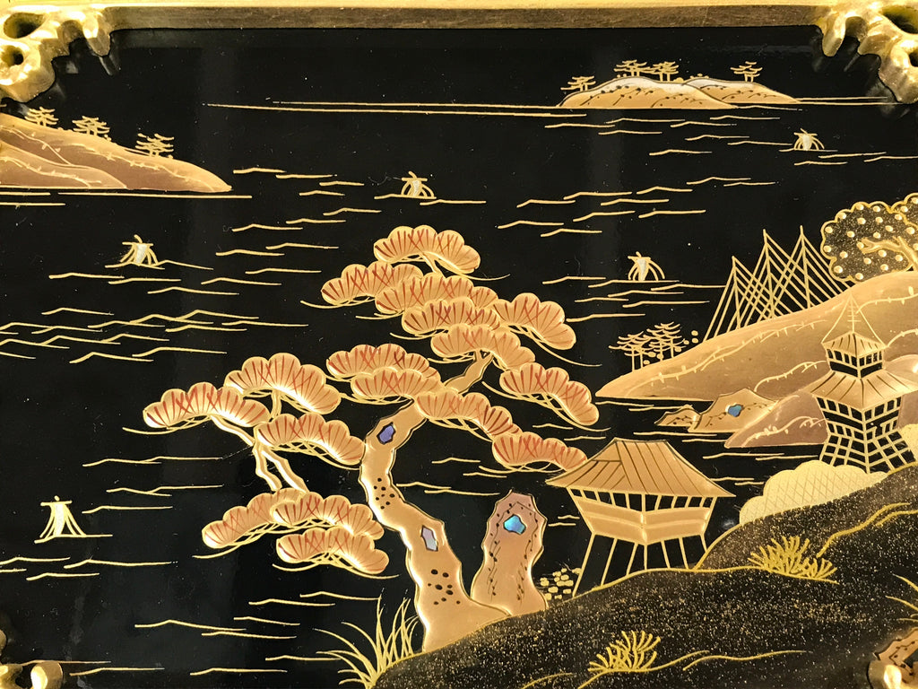 Japanese Buddhist Altar Lacquered Door Panel Vtg Gilt Makie Scenery Gold BA234