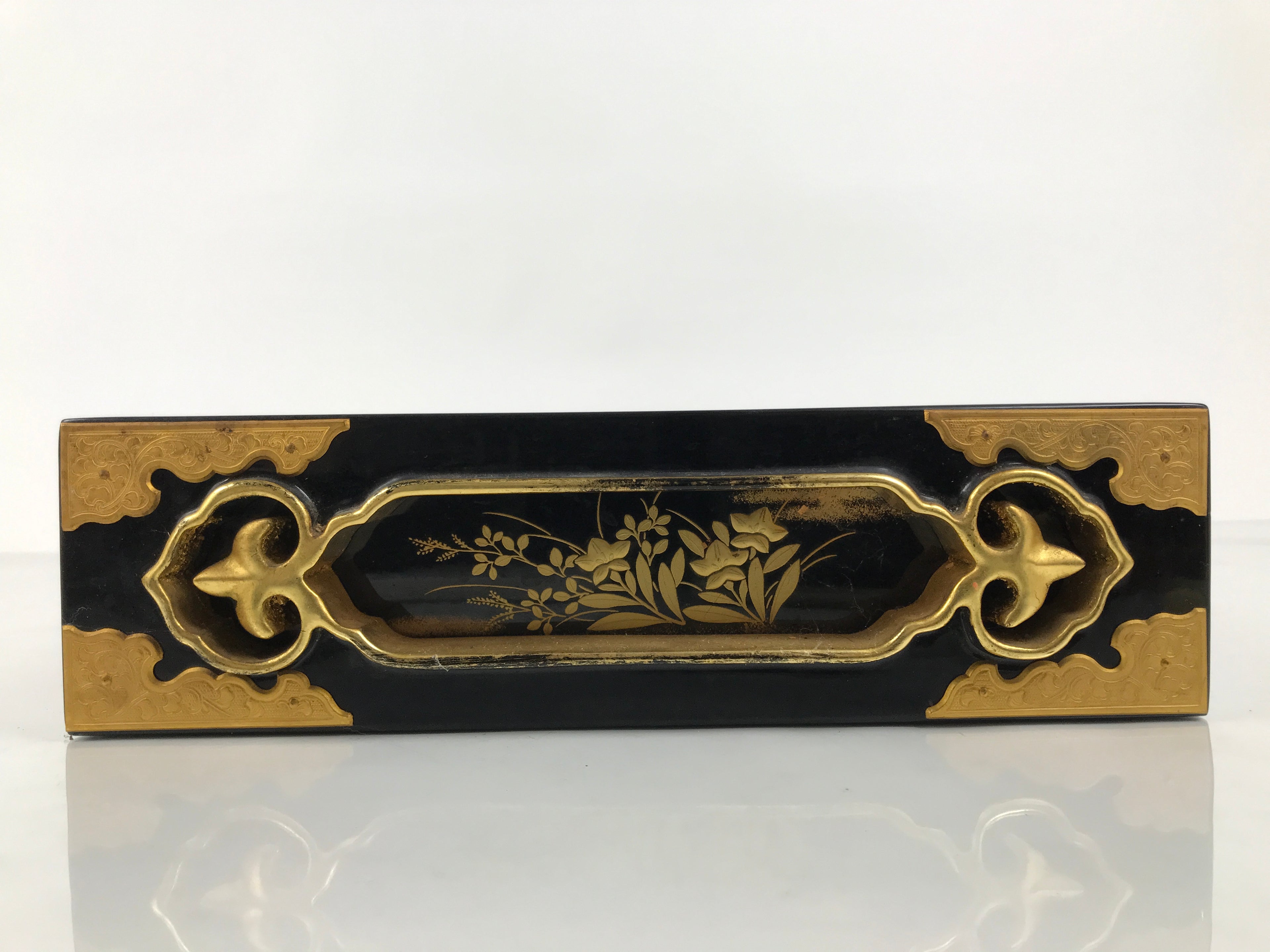 Japanese Buddhist Altar Lacquered Drawer Brass Black Gold Bellflower Makie BP25
