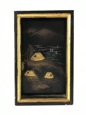 Japanese Buddhist Altar Lacquered Drawer Gilt Makie Village Scenery Gold BA271