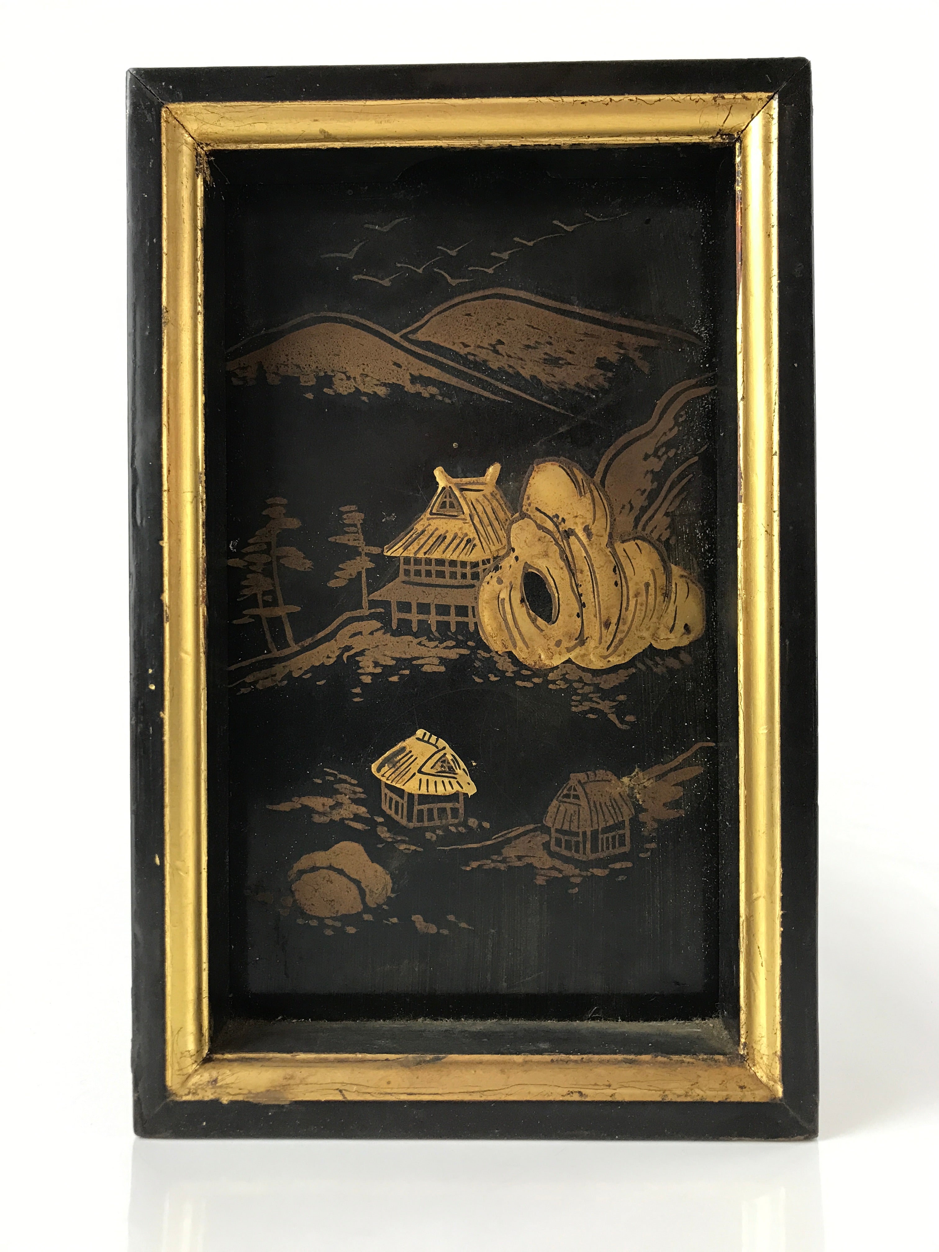 Japanese Buddhist Altar Lacquered Drawer Gilt Makie Village Scenery Gold BA272