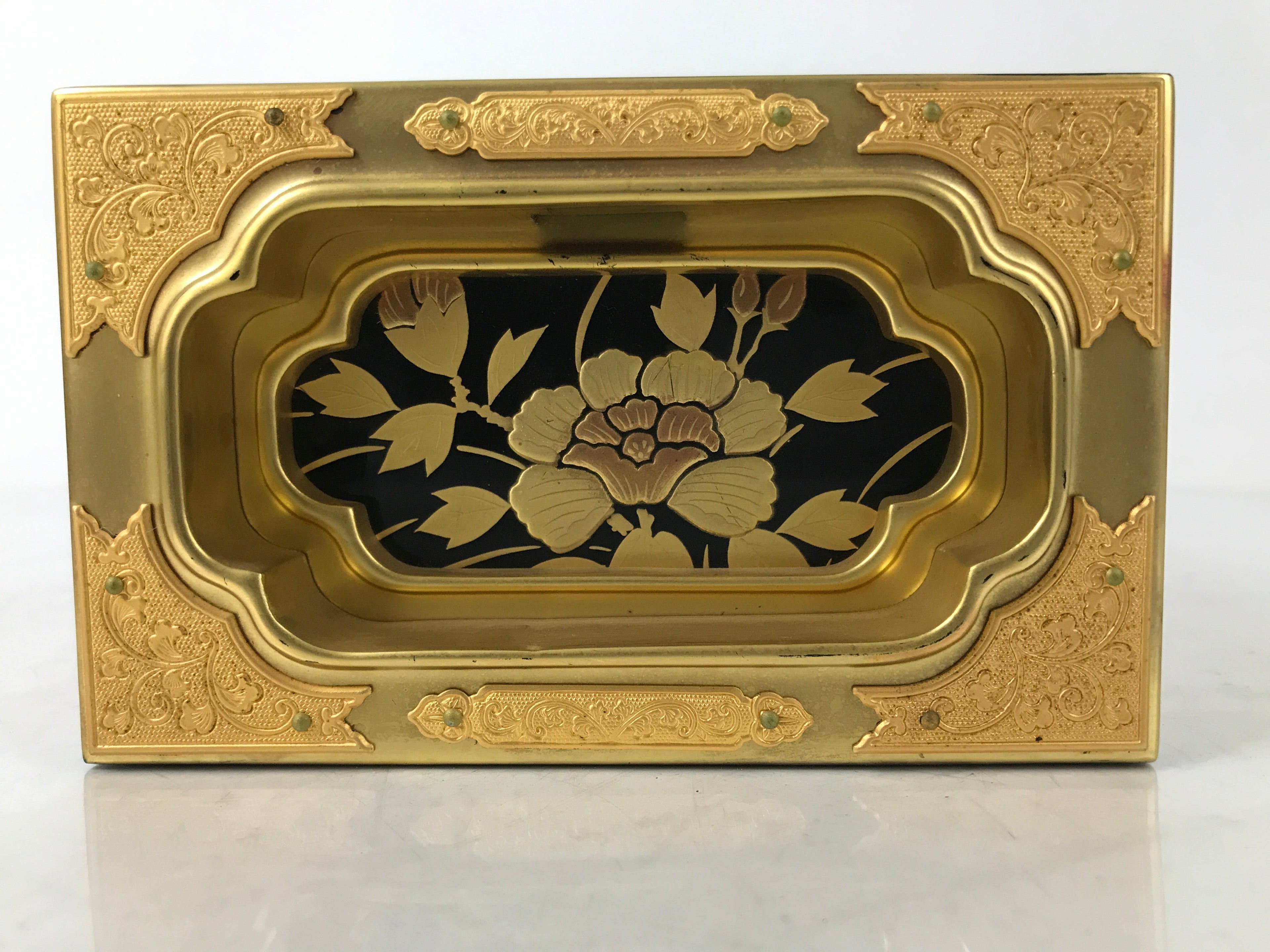 Japanese Buddhist Altar Lacquered Drawer Vtg Black Gold Makie Peony Botan BA576