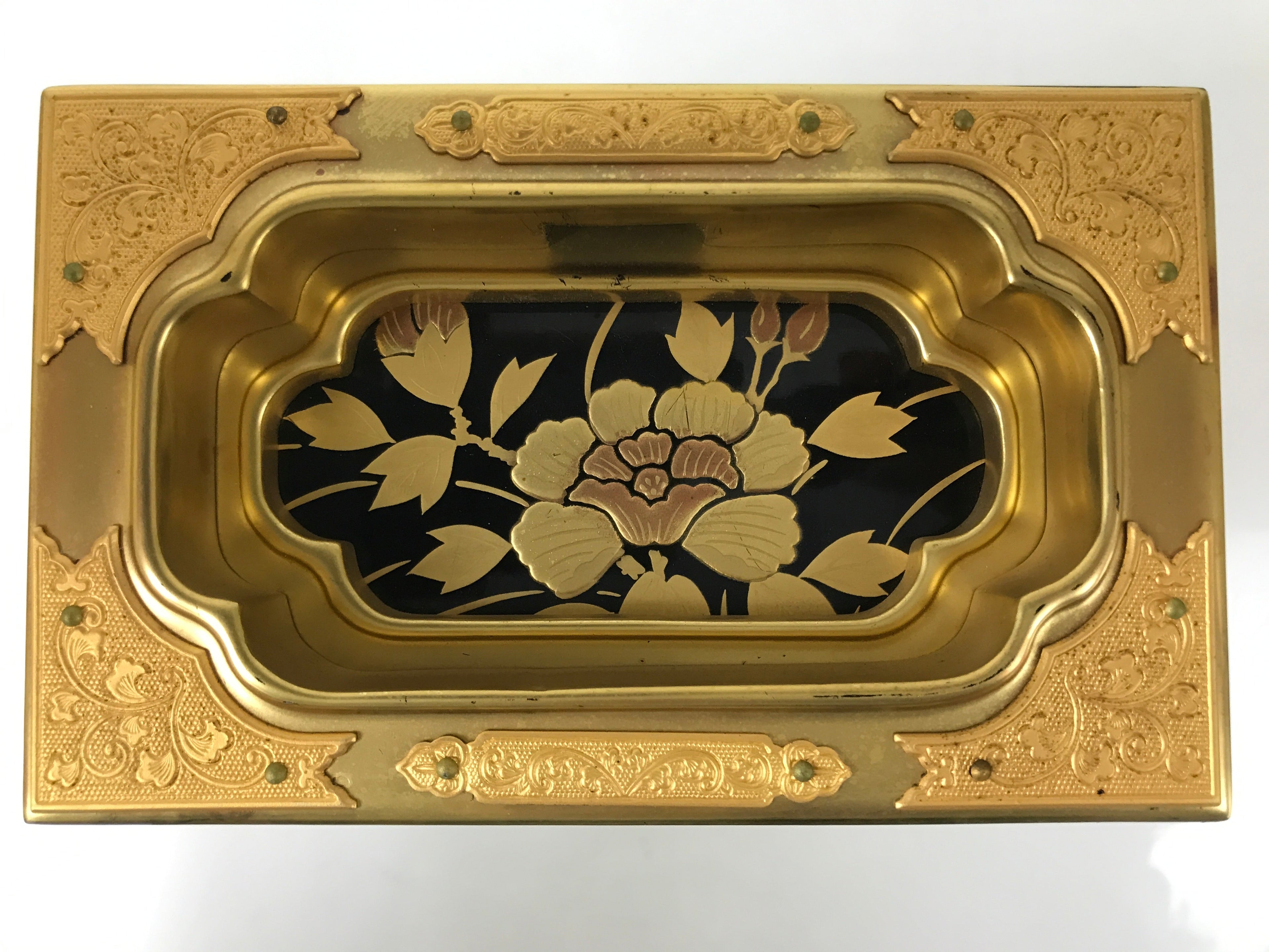 Japanese Buddhist Altar Lacquered Drawer Vtg Black Gold Makie Peony Botan BA576